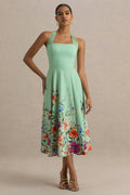 Auburn | Mint Placement Floral Halter-Neck Midi Dress