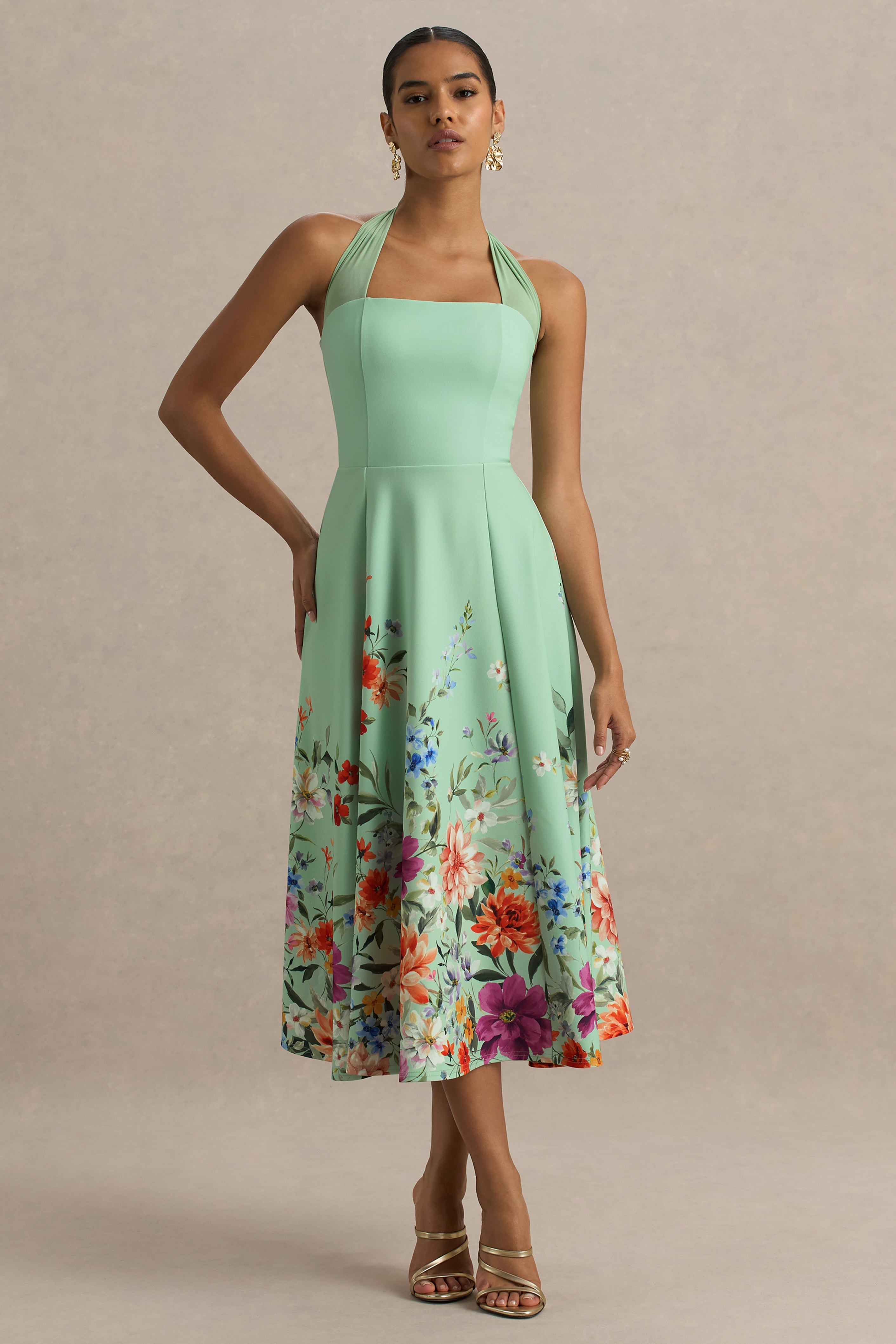Auburn | Mint Placement Floral Halter-Neck Midi Dress
