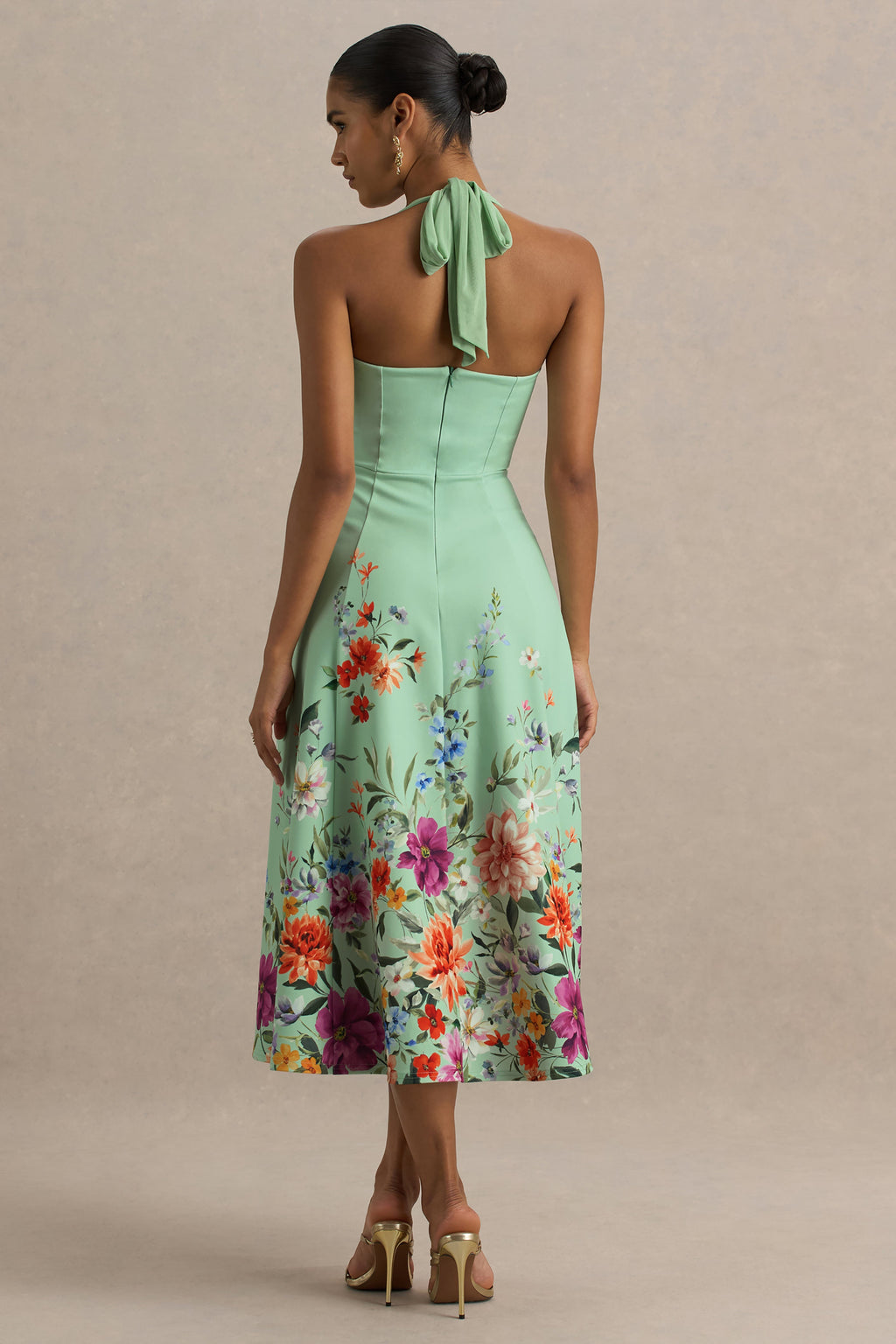 Auburn | Mint Placement Floral Halter-Neck Midi Dress