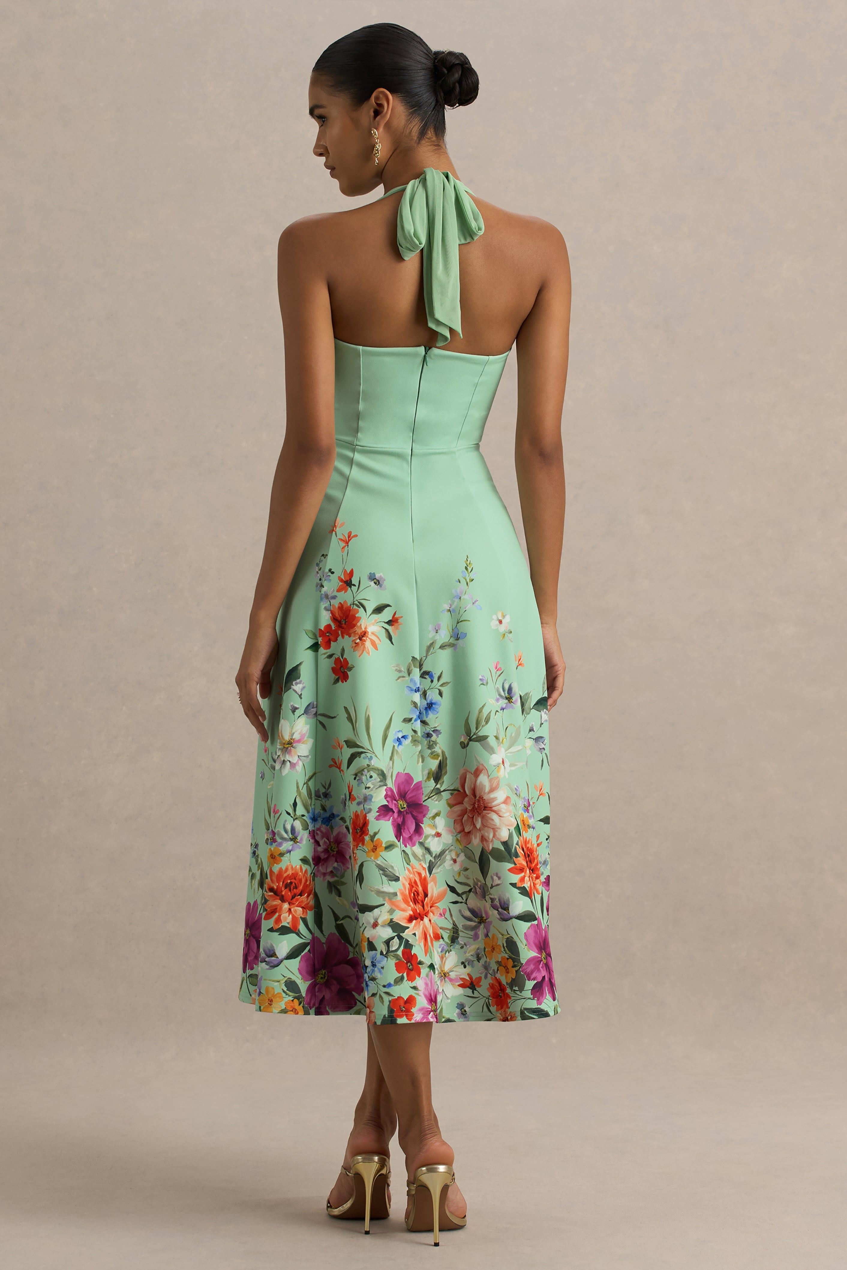 Auburn | Mint Placement Floral Halter-Neck Midi Dress