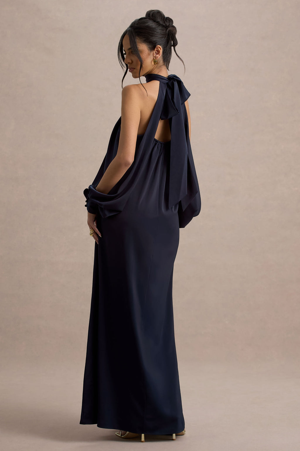 Baila | Navy Satin High-Neck Cape-Sleeve Maxi Dress