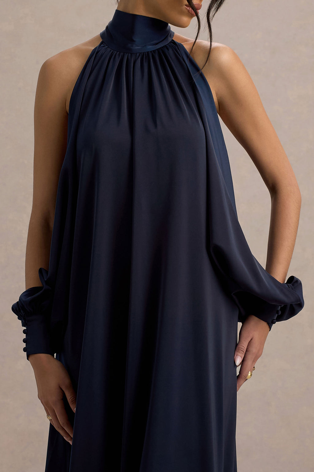 Baila | Navy Satin High-Neck Cape-Sleeve Maxi Dress