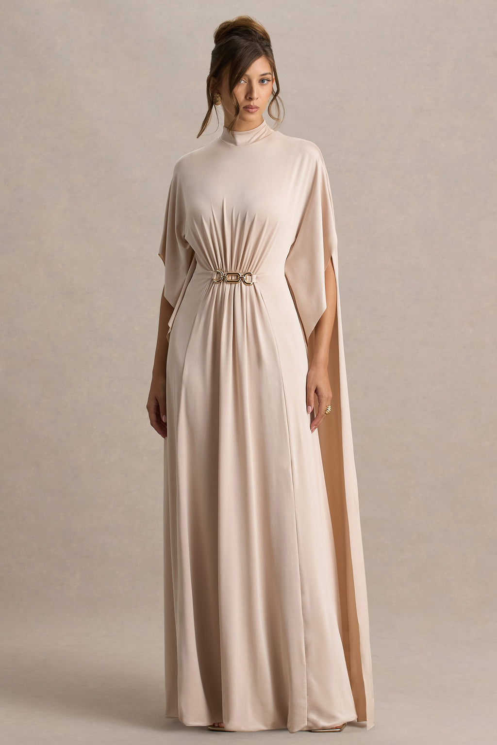 Olessia | Champagne Belted Gathered Cape-Sleeve Maxi Dress