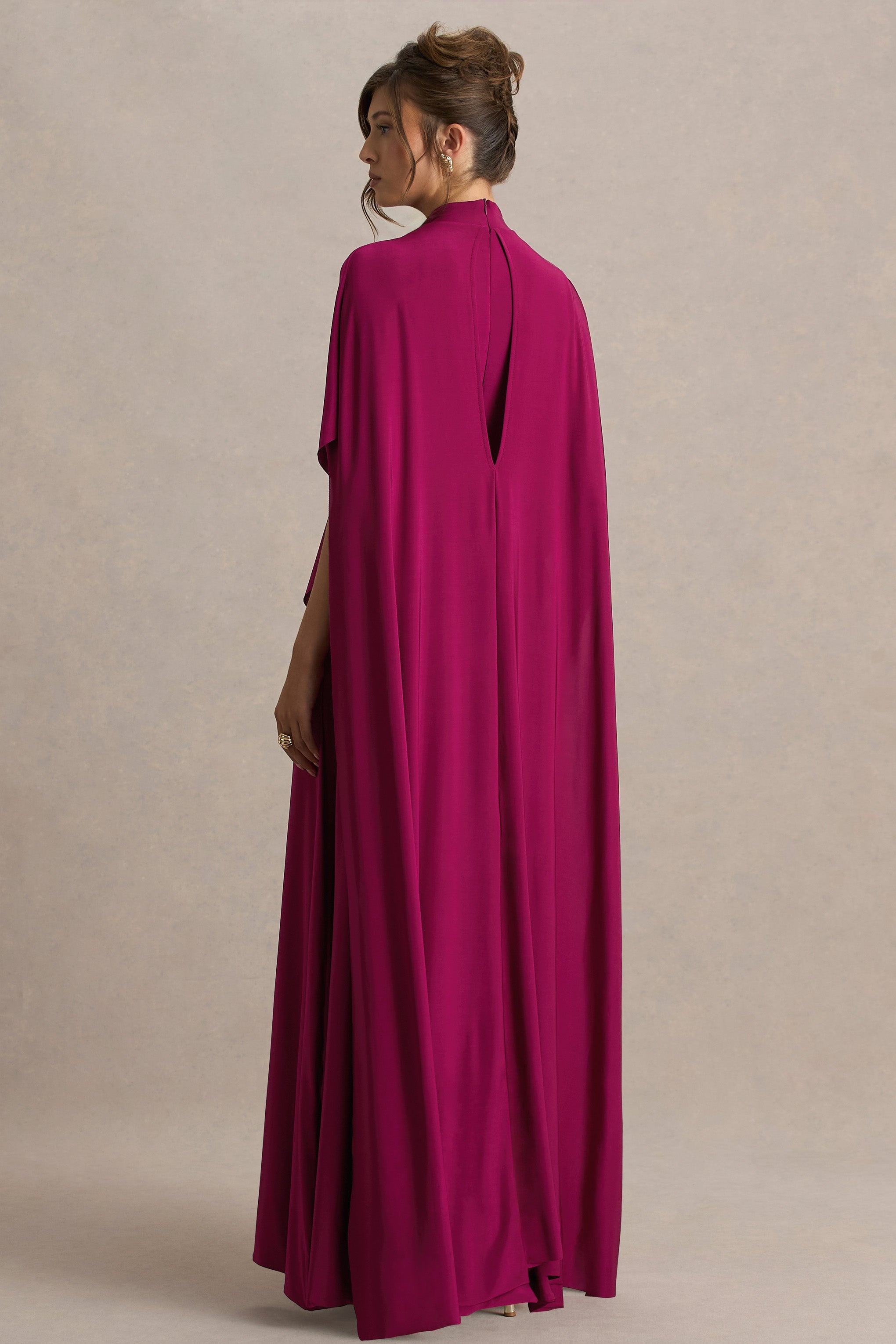 Olessia | Burgundy Belted Gathered Cape-Sleeve Maxi Dress