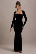 Morana | Black Velvet Square-Neck Long-Sleeve Maxi Dress
