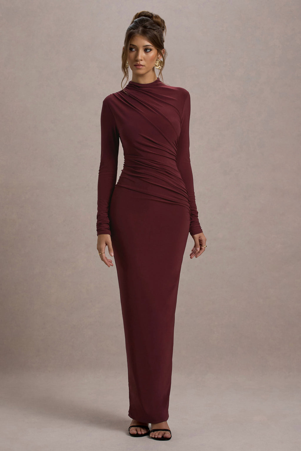 Hespera | Port High-Neck Long-Sleeve Gathered Maxi Dress