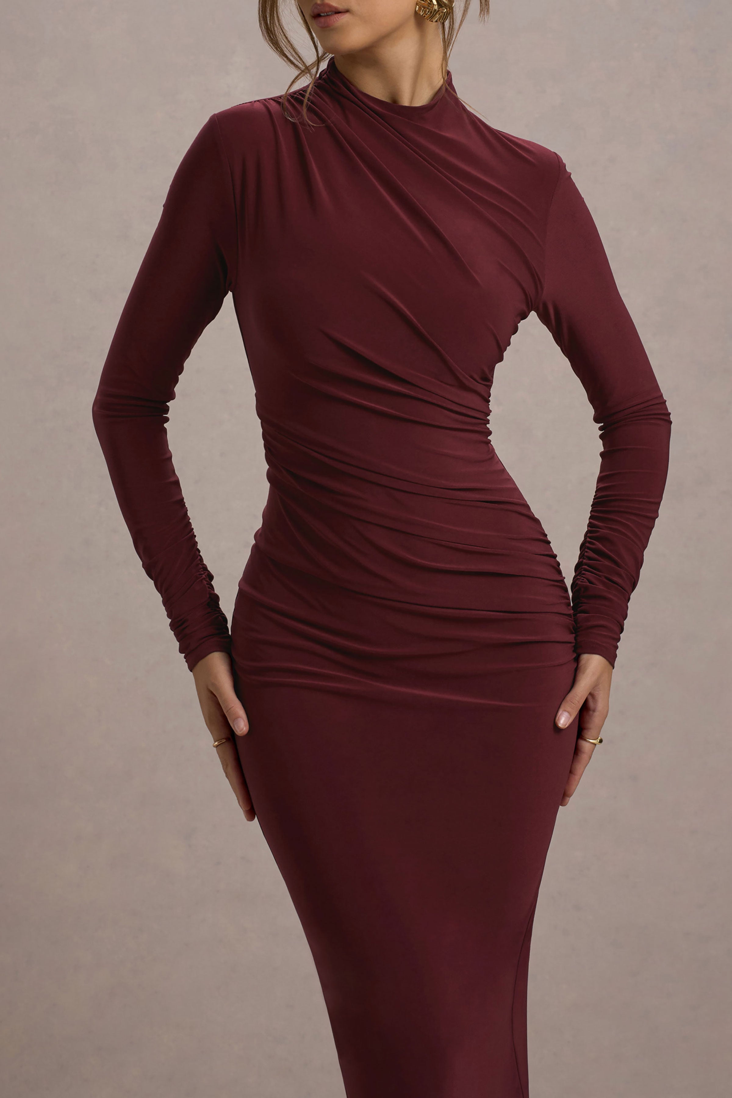Hespera | Port High-Neck Long-Sleeve Gathered Maxi Dress