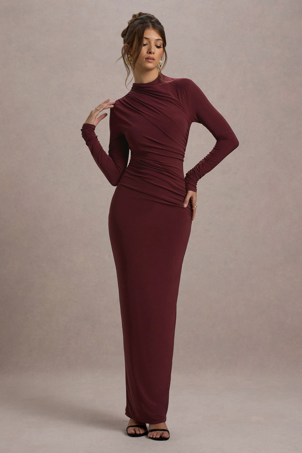 Hespera | Port High-Neck Long-Sleeve Gathered Maxi Dress