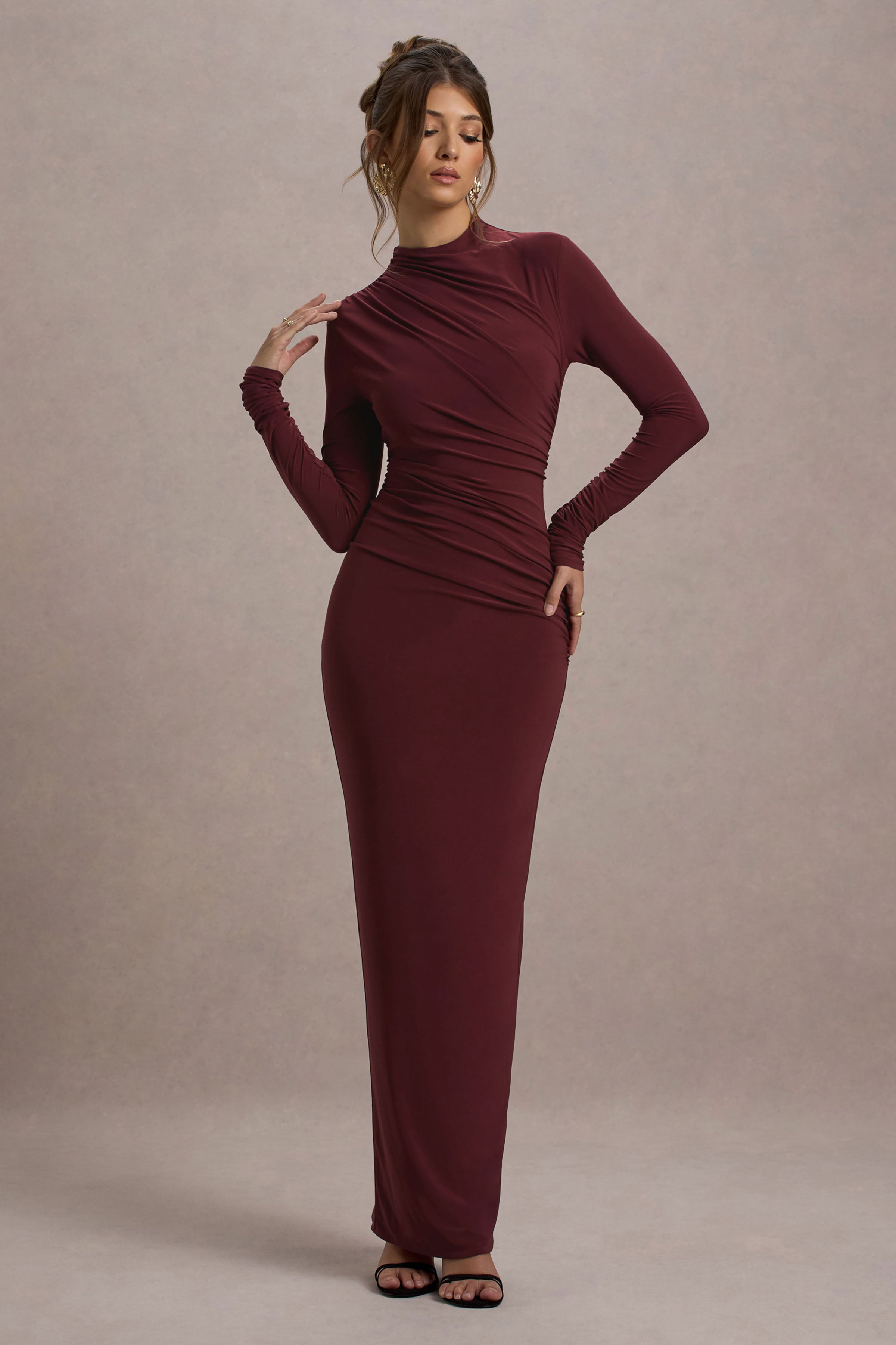 Hespera | Port High-Neck Long-Sleeve Gathered Maxi Dress