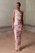 Dalarie | Pink Floral Print One-Shoulder Gathered Maxi Dress