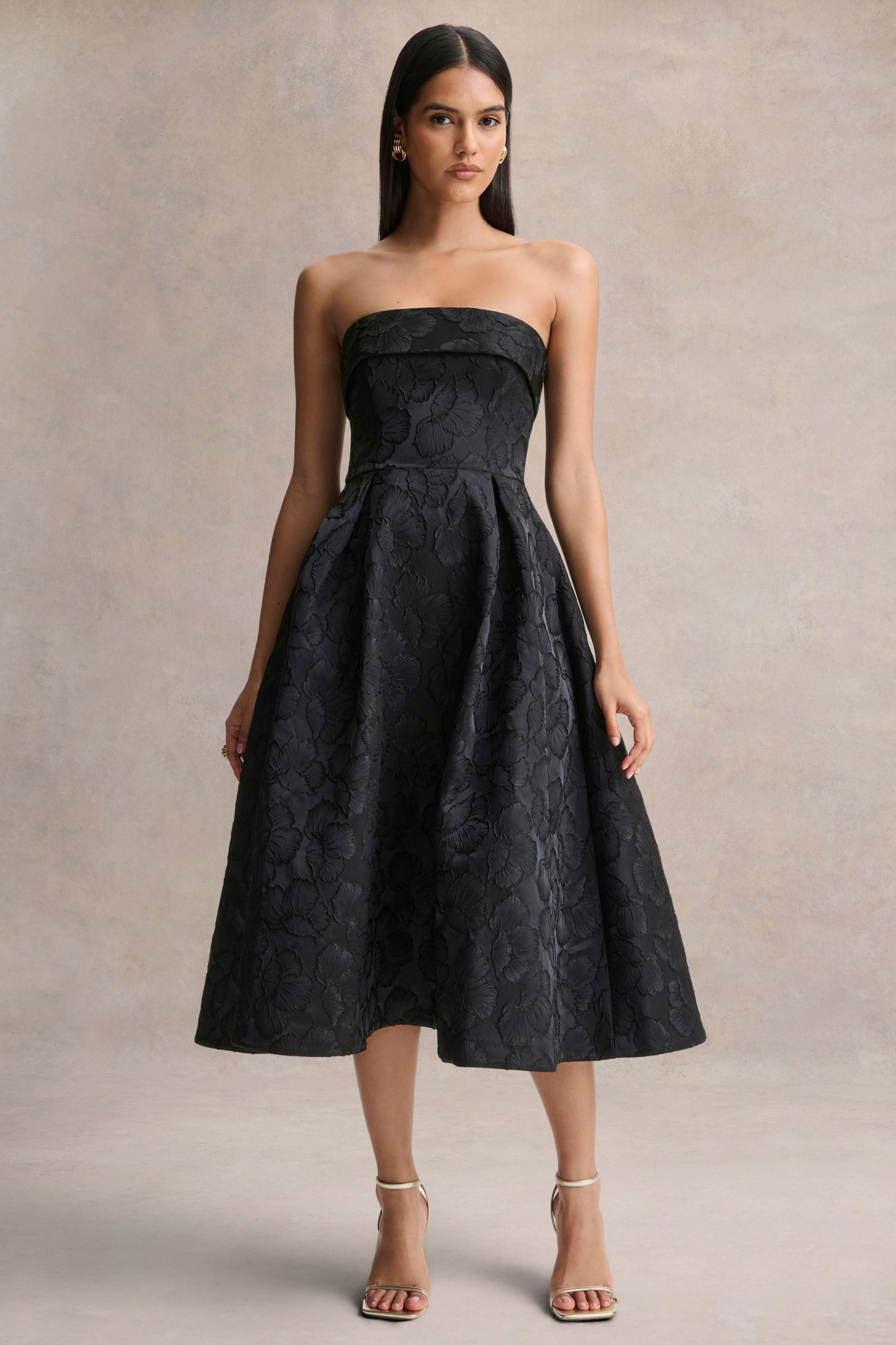 Zuma | Black Metallic Jacquard Strapless Midi Dress