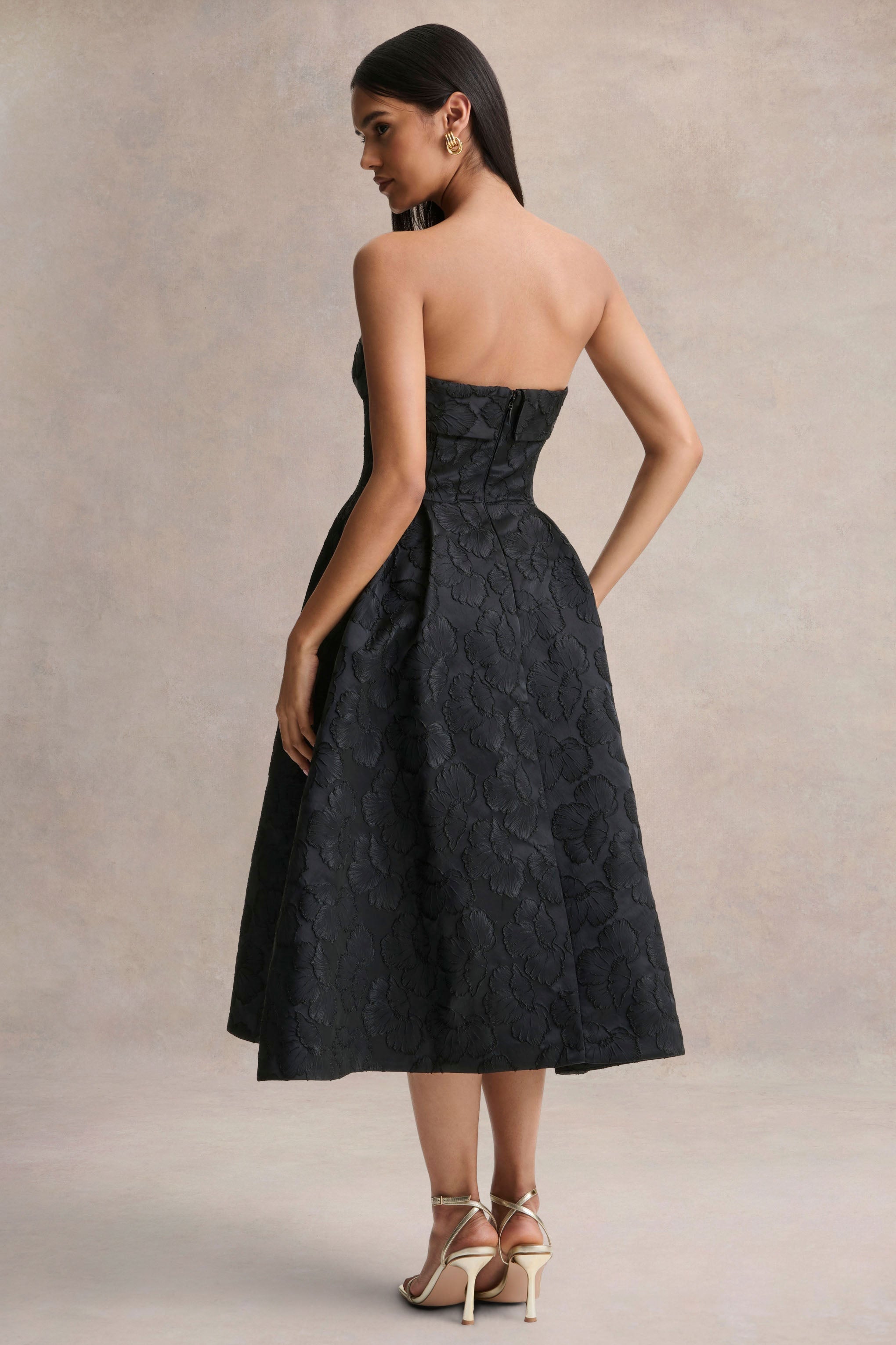 Zuma | Black Metallic Jacquard Strapless Midi Dress