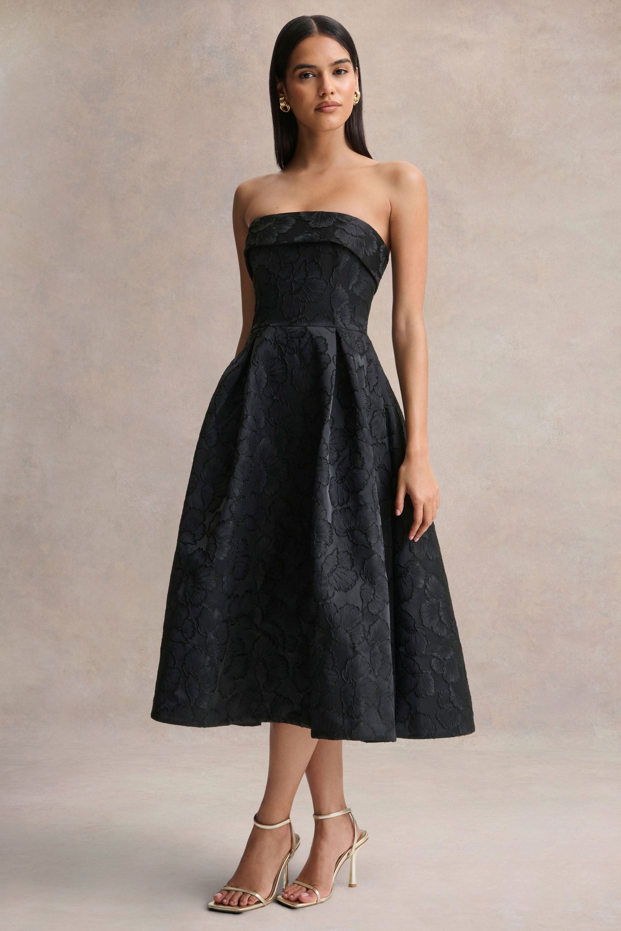 Zuma | Black Metallic Jacquard Strapless Midi Dress