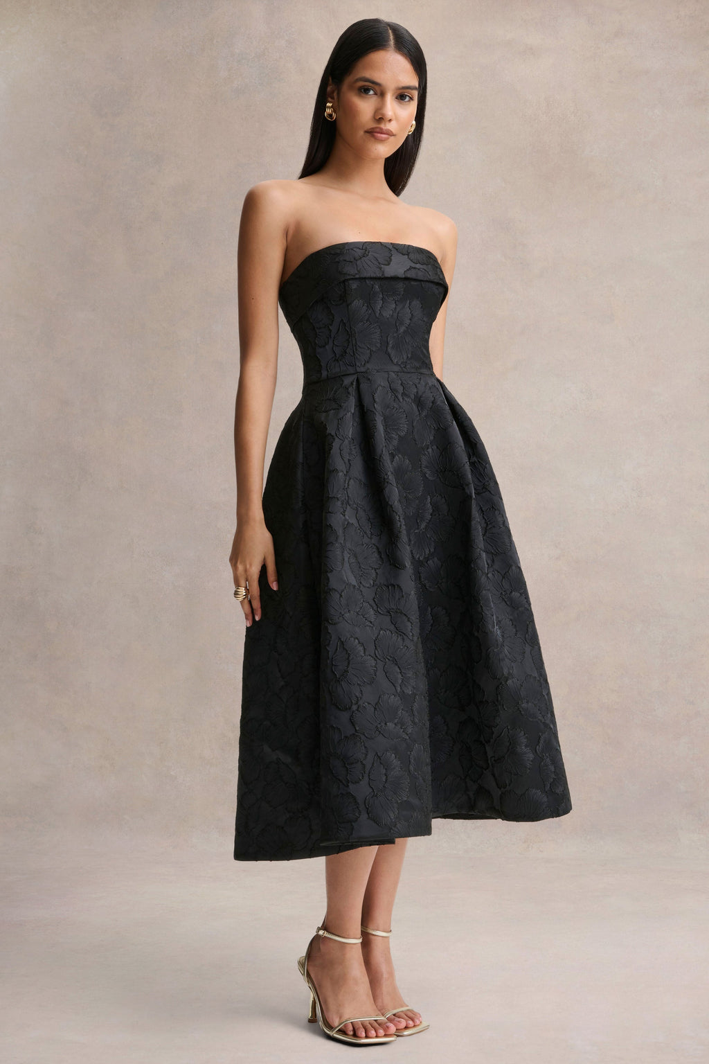 Zuma | Black Metallic Jacquard Strapless Midi Dress
