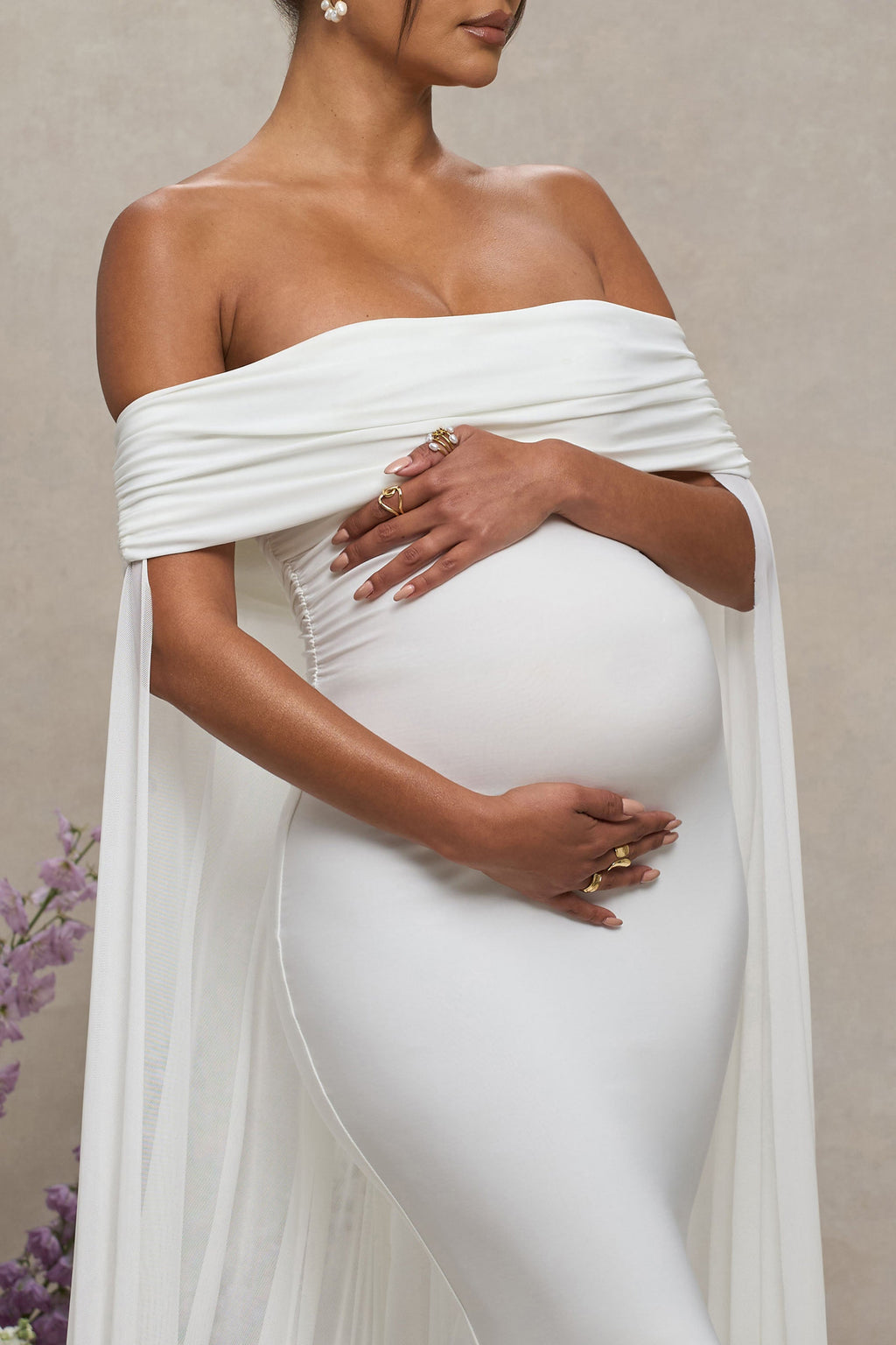 Carlotta | White Bardot Maternity Maxi Dress With Chiffon Cape