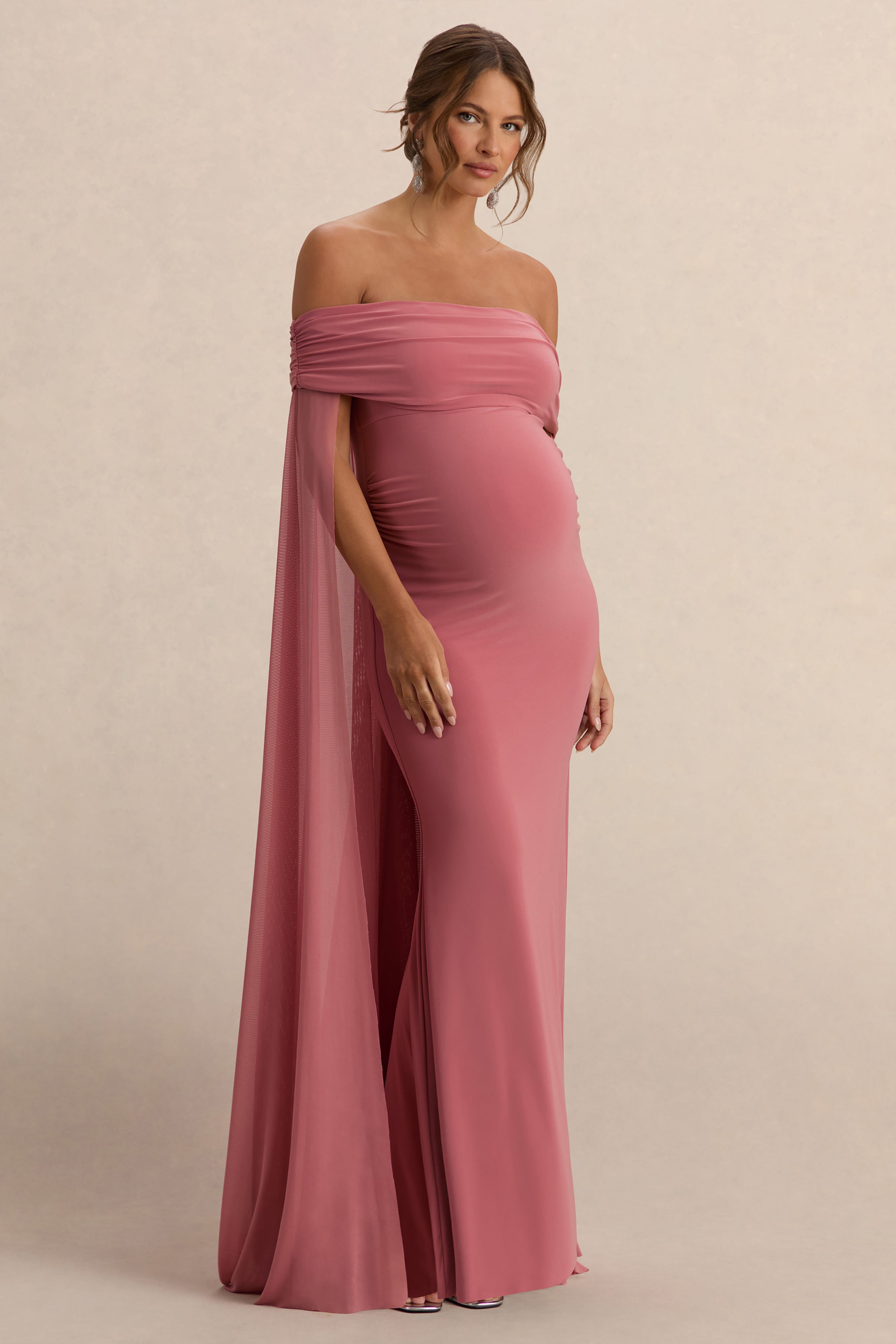 Carlotta | Blush Pink Bardot Maternity Maxi Dress With Chiffon Cape