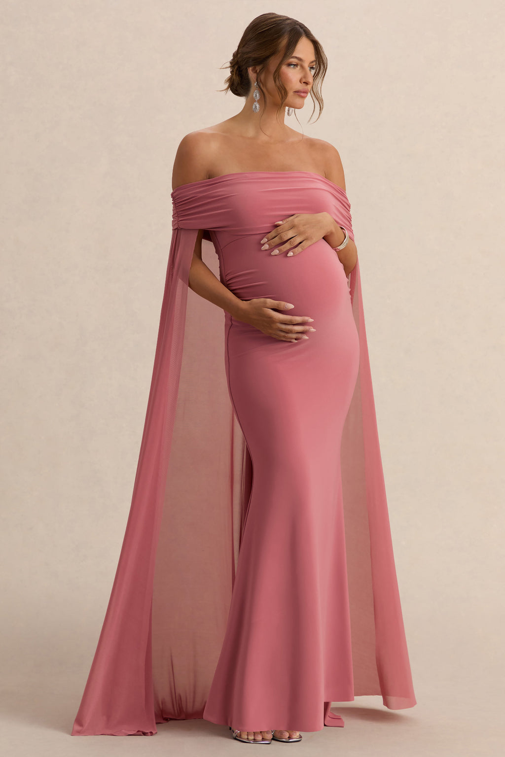 Carlotta | Blush Pink Bardot Maternity Maxi Dress With Chiffon Cape