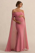 Carlotta | Blush Pink Bardot Maternity Maxi Dress With Chiffon Cape