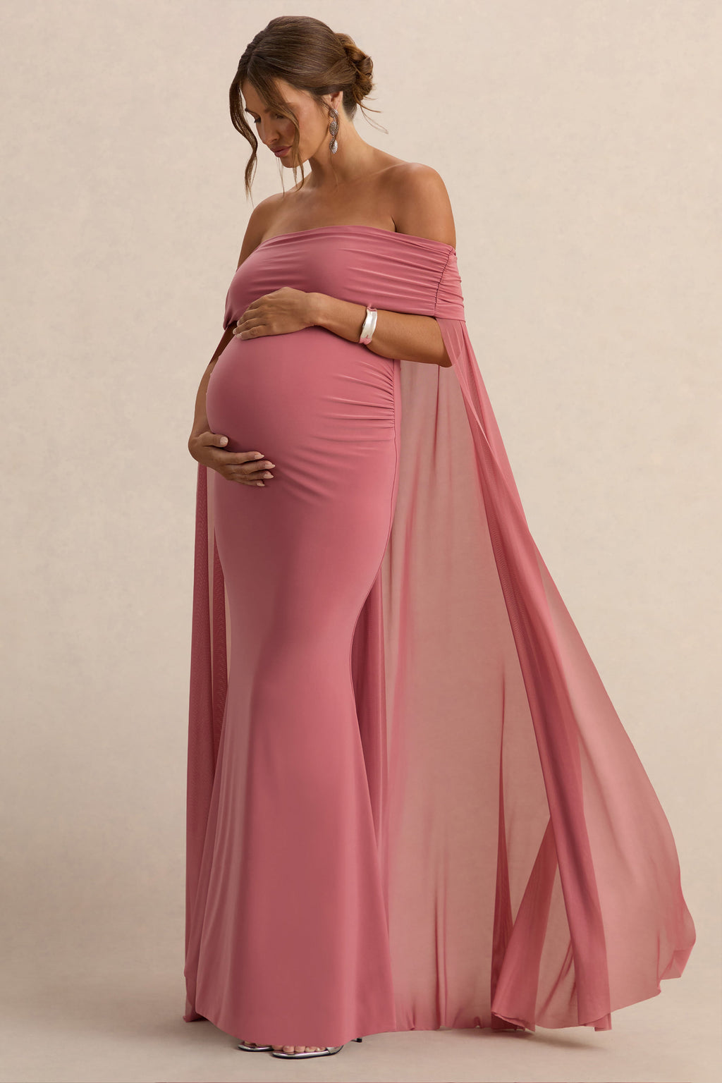 Carlotta | Blush Pink Bardot Maternity Maxi Dress With Chiffon Cape