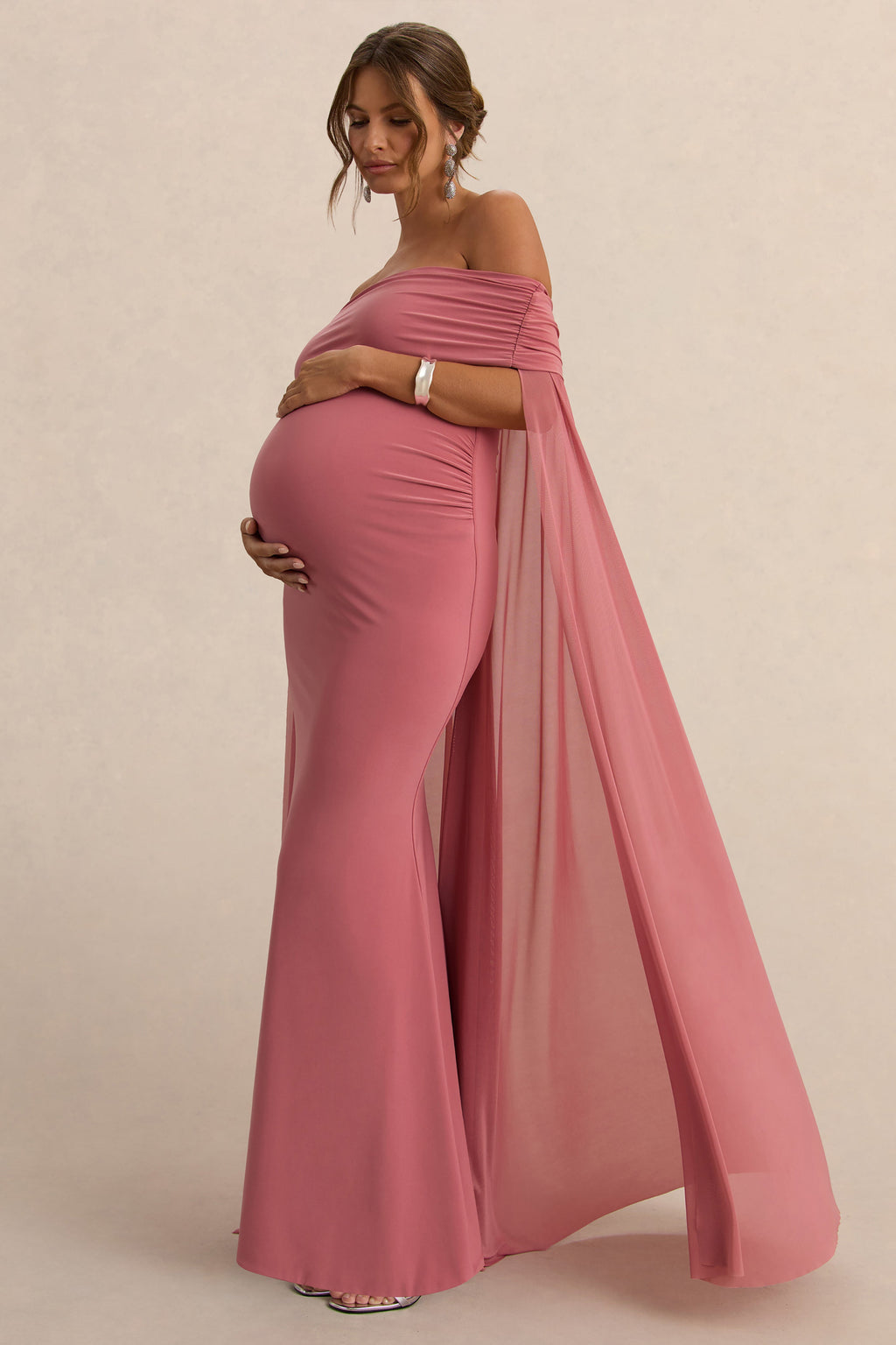 Carlotta | Blush Pink Bardot Maternity Maxi Dress With Chiffon Cape