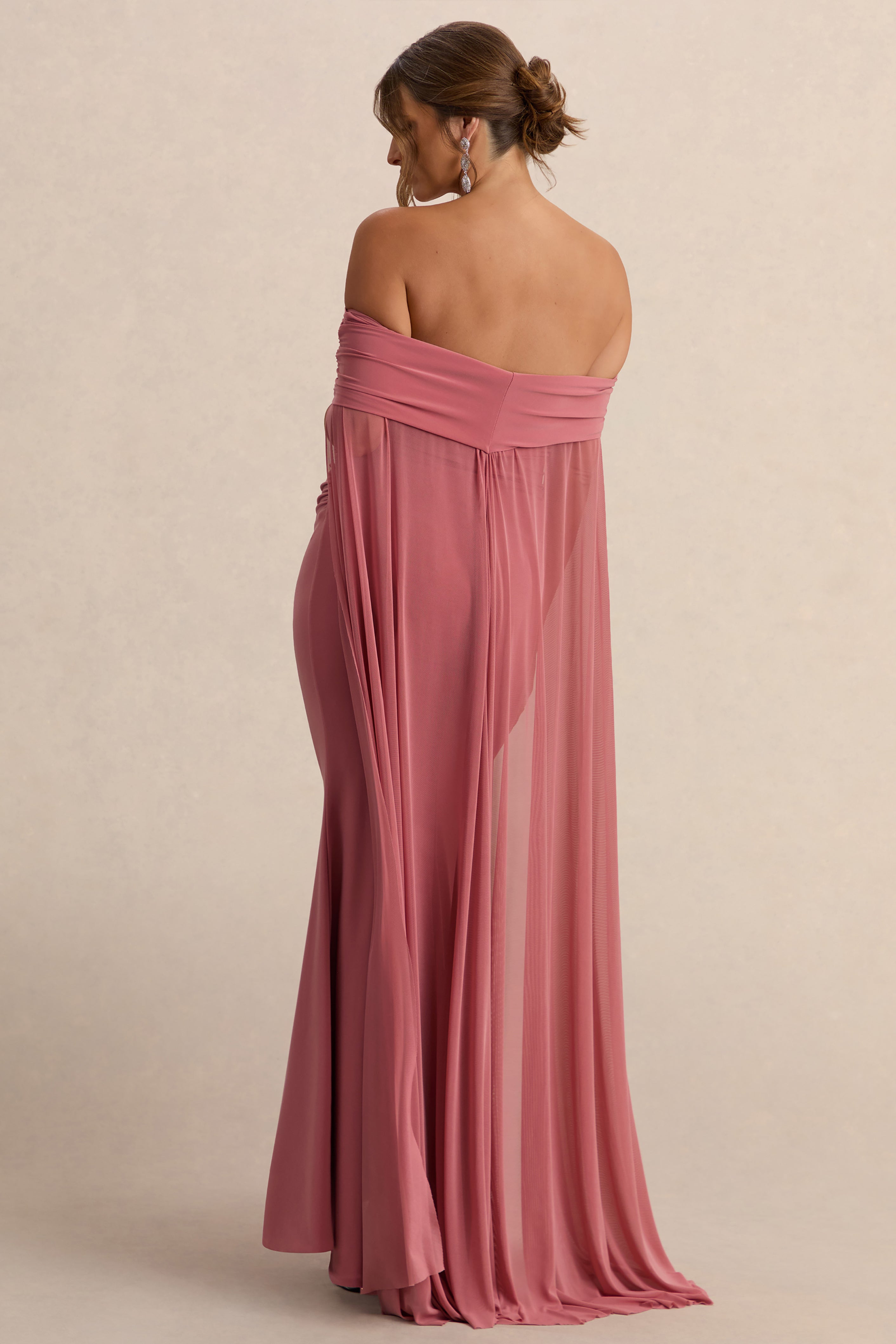 Carlotta | Blush Pink Bardot Maternity Maxi Dress With Chiffon Cape