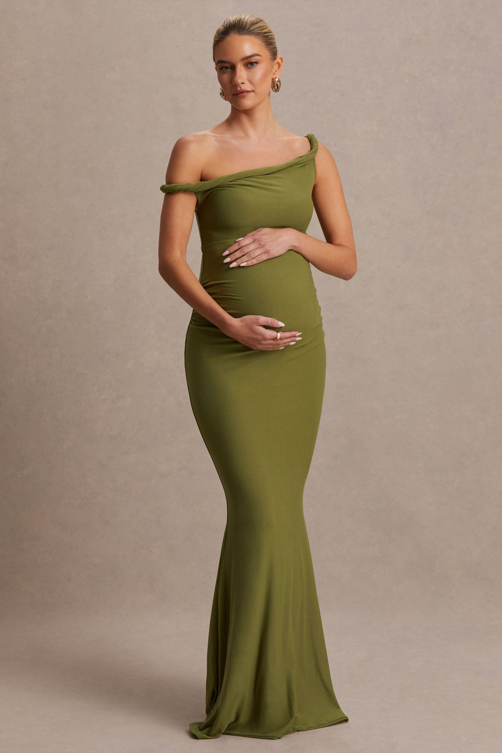 Lita | Olive Twisted Asymmetric Maternity Maxi Dress