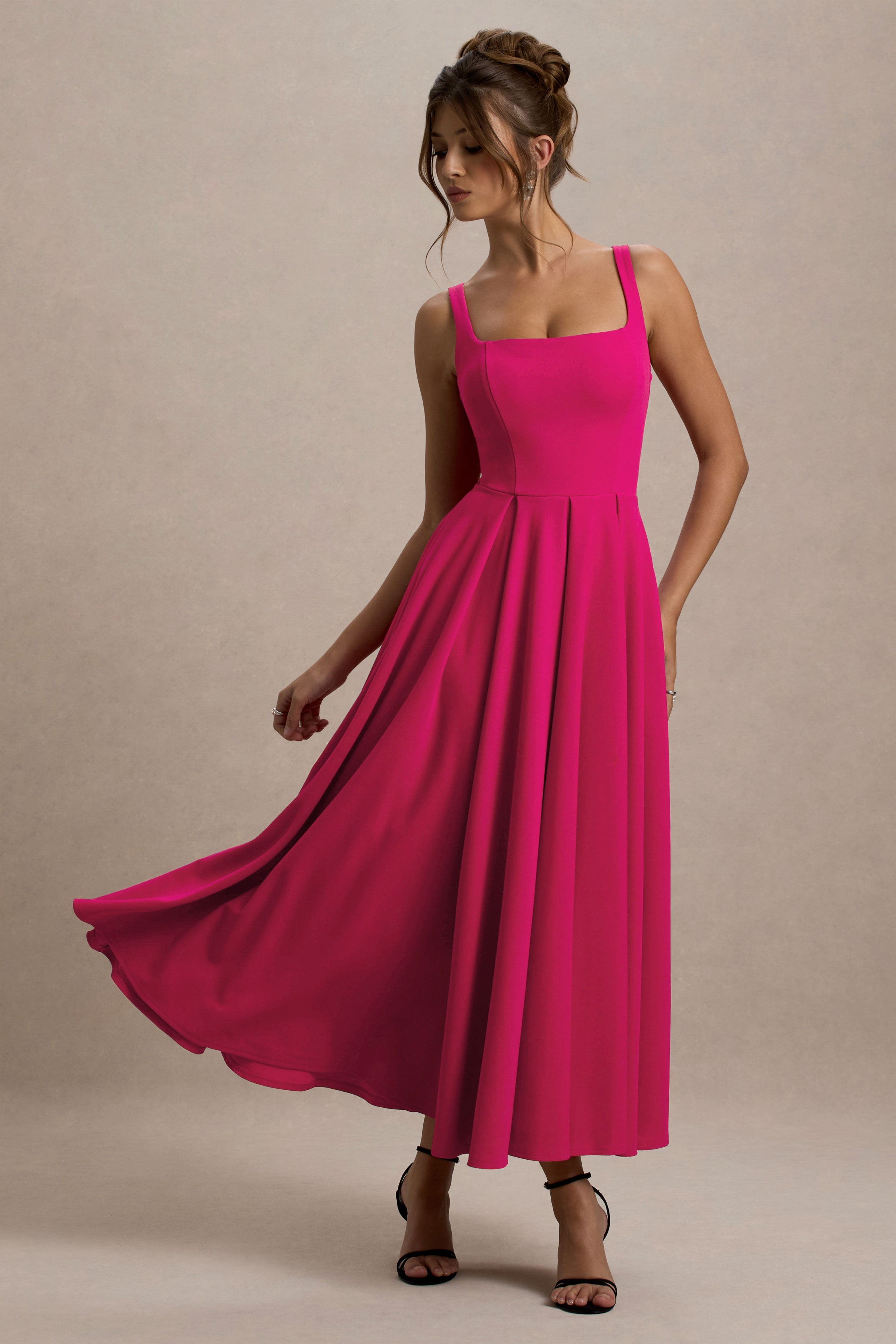 Parina | Hot Pink Strappy Volume-Hem Midi Dress