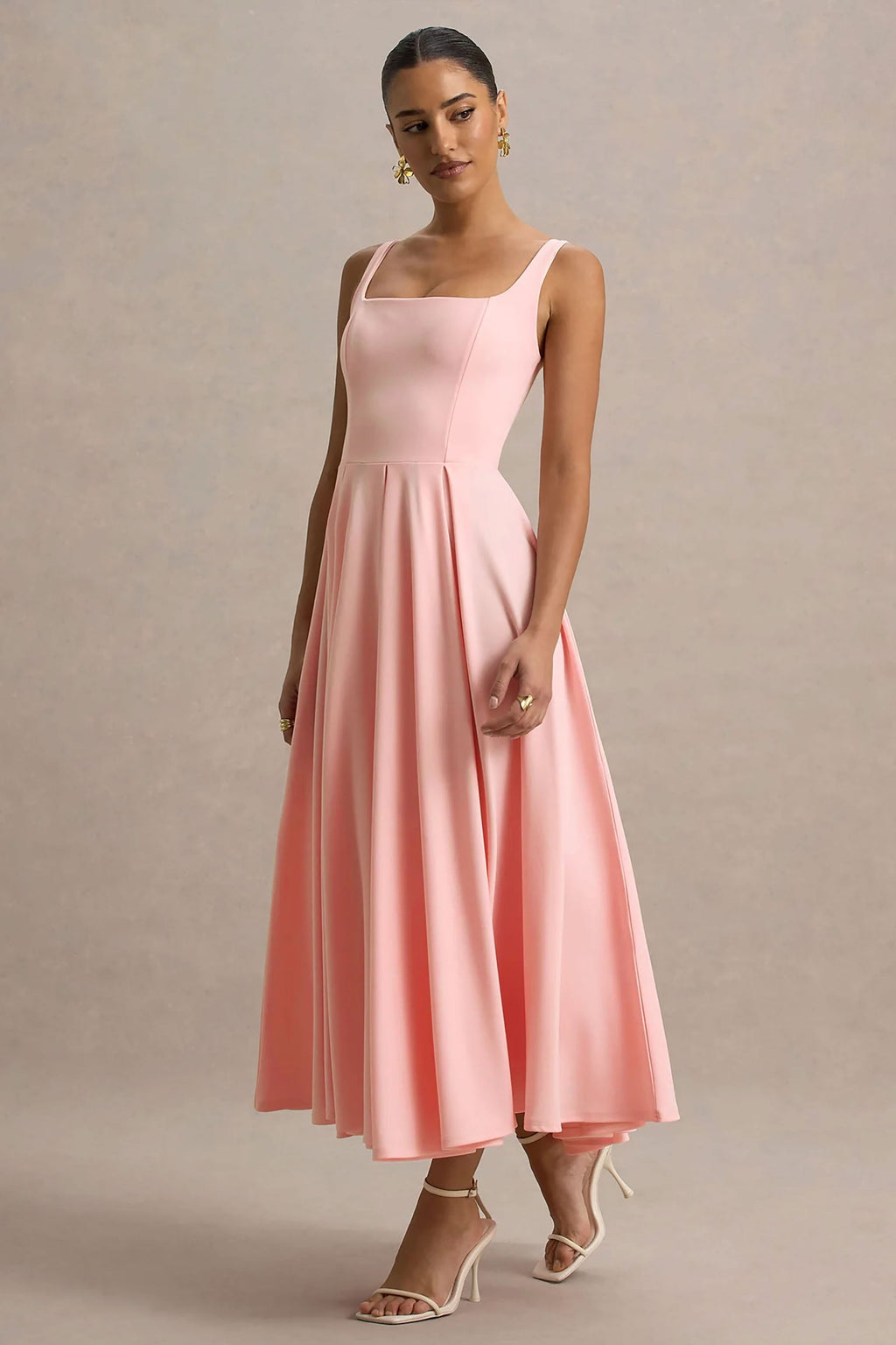 Parina | Pink Strappy Volume-Hem Midi Dress