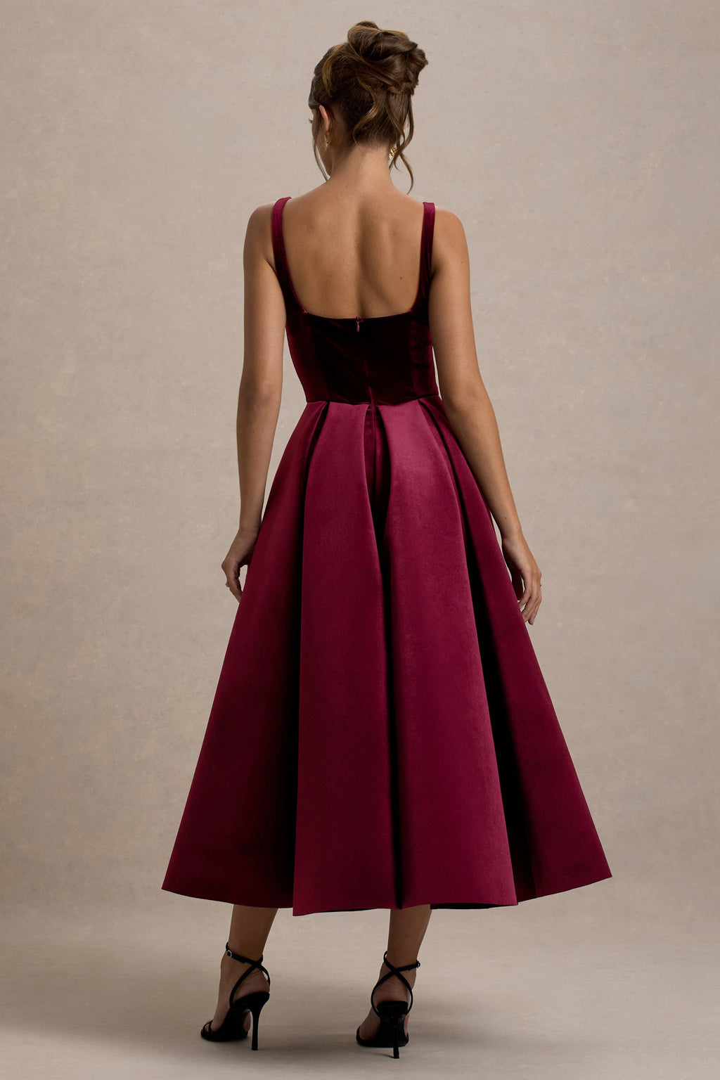 Francisca | Berry Velvet Strappy Volume-Hem Midi Dress