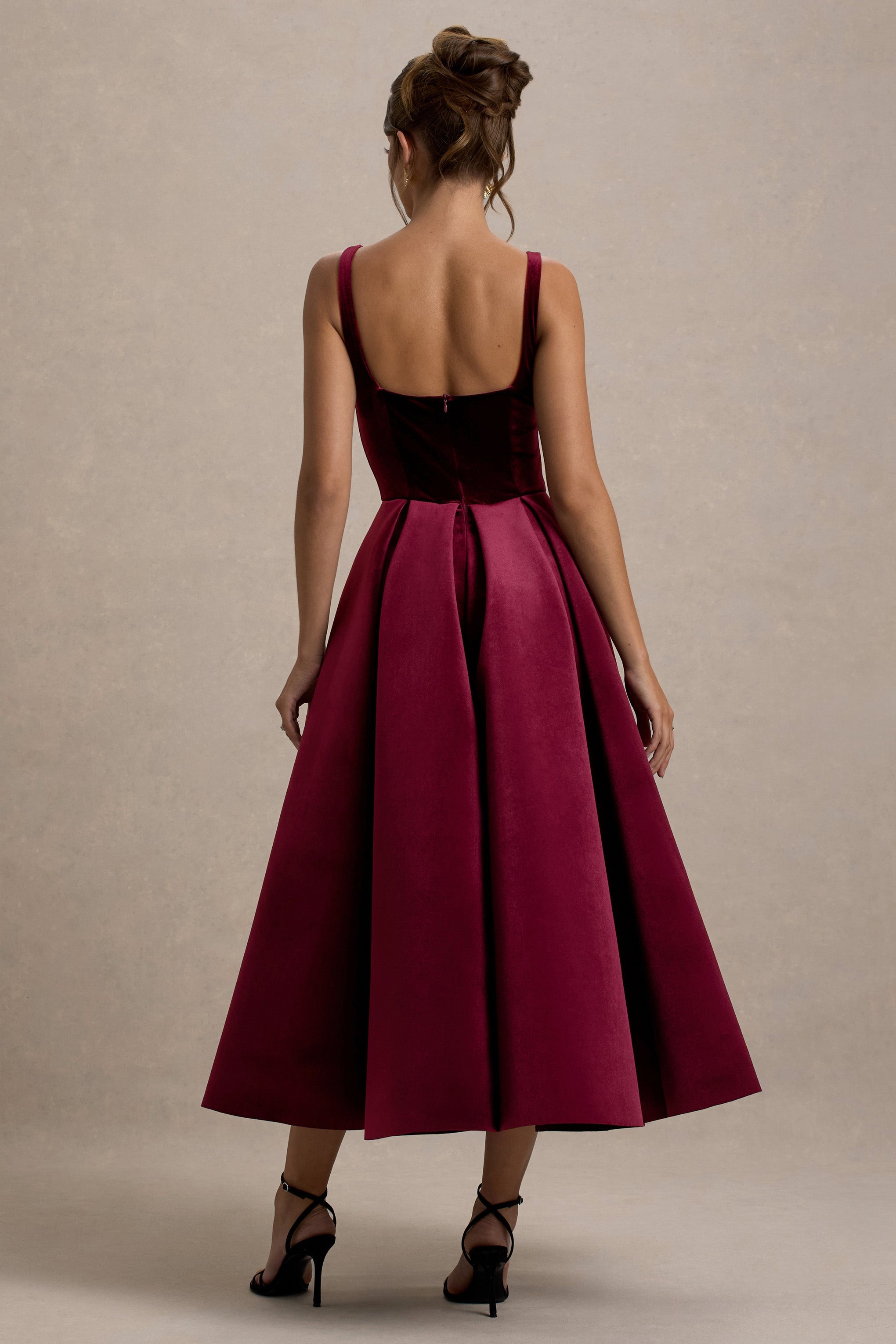 Francisca | Berry Velvet Strappy Volume-Hem Midi Dress