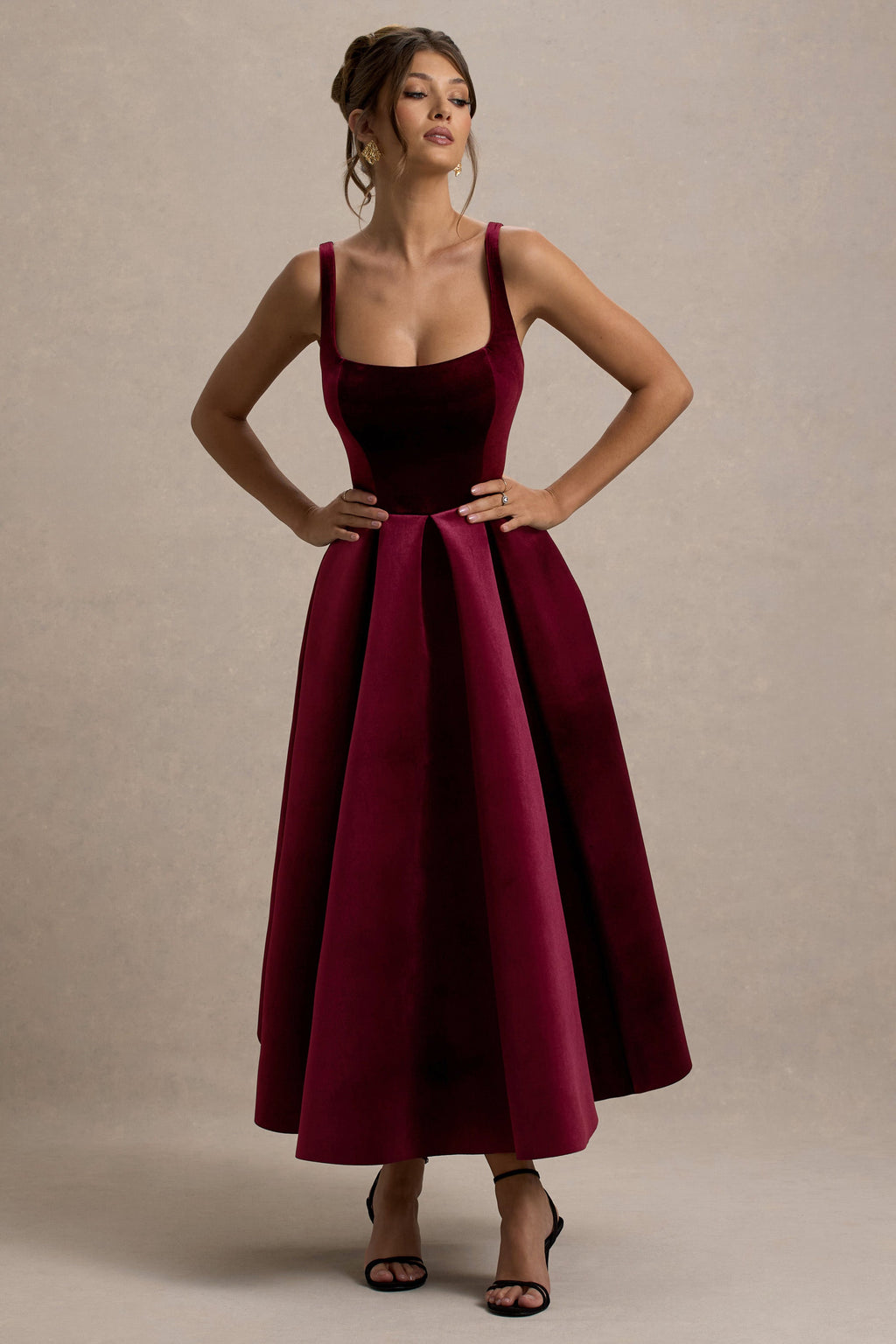 Francisca | Berry Velvet Strappy Volume-Hem Midi Dress