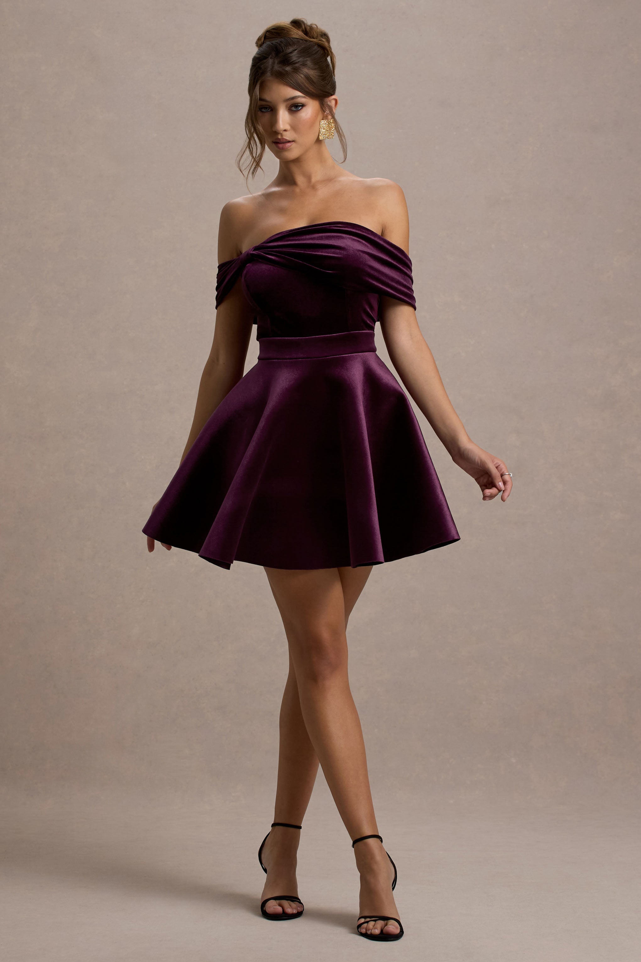 Dede | Port Velvet Bow Bardot Skater Mini Dress