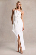 Dreamy Whispers | Cream Strapless Ruffle Split Maxi Dress