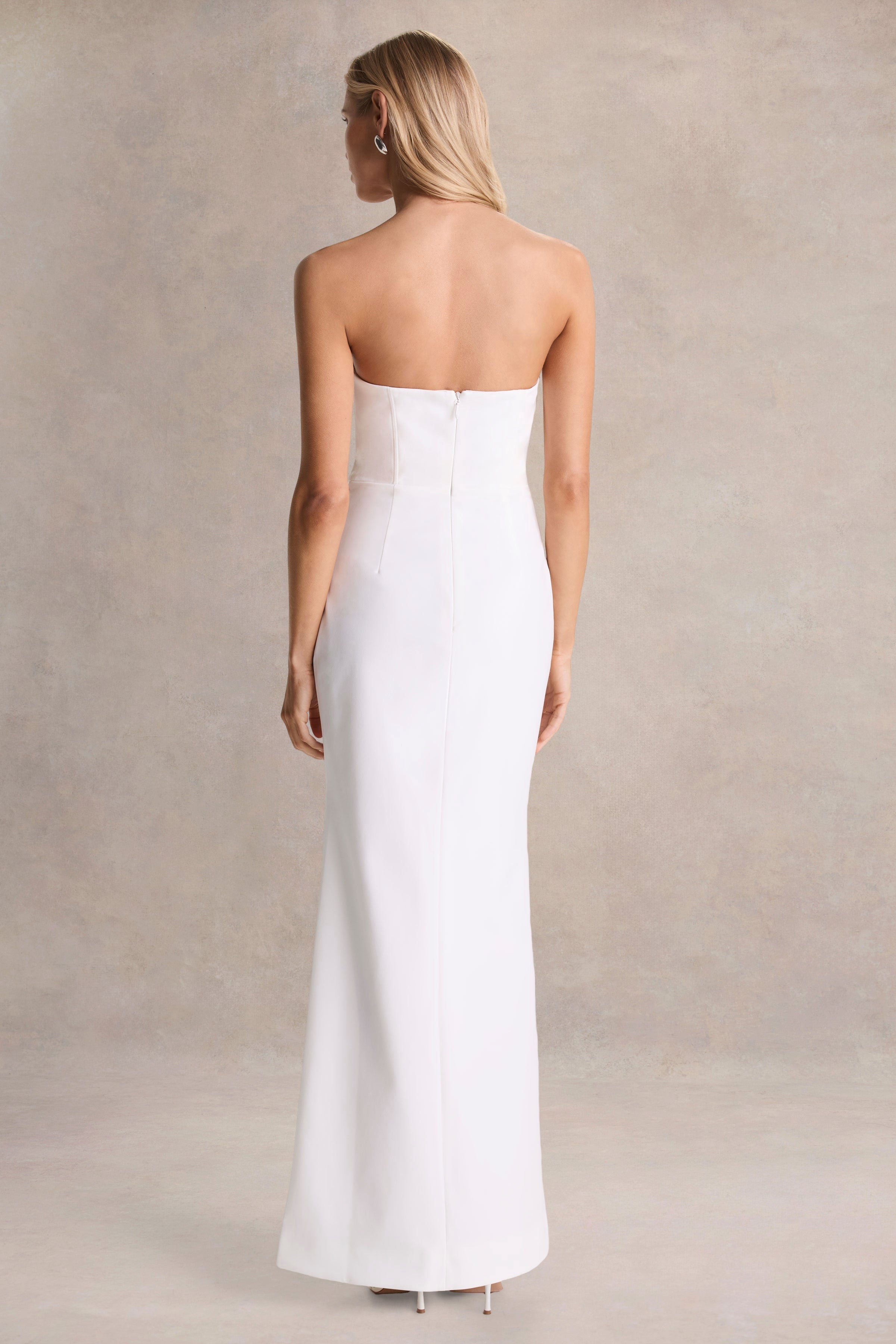 Dreamy Whispers | Cream Strapless Ruffle Split Maxi Dress