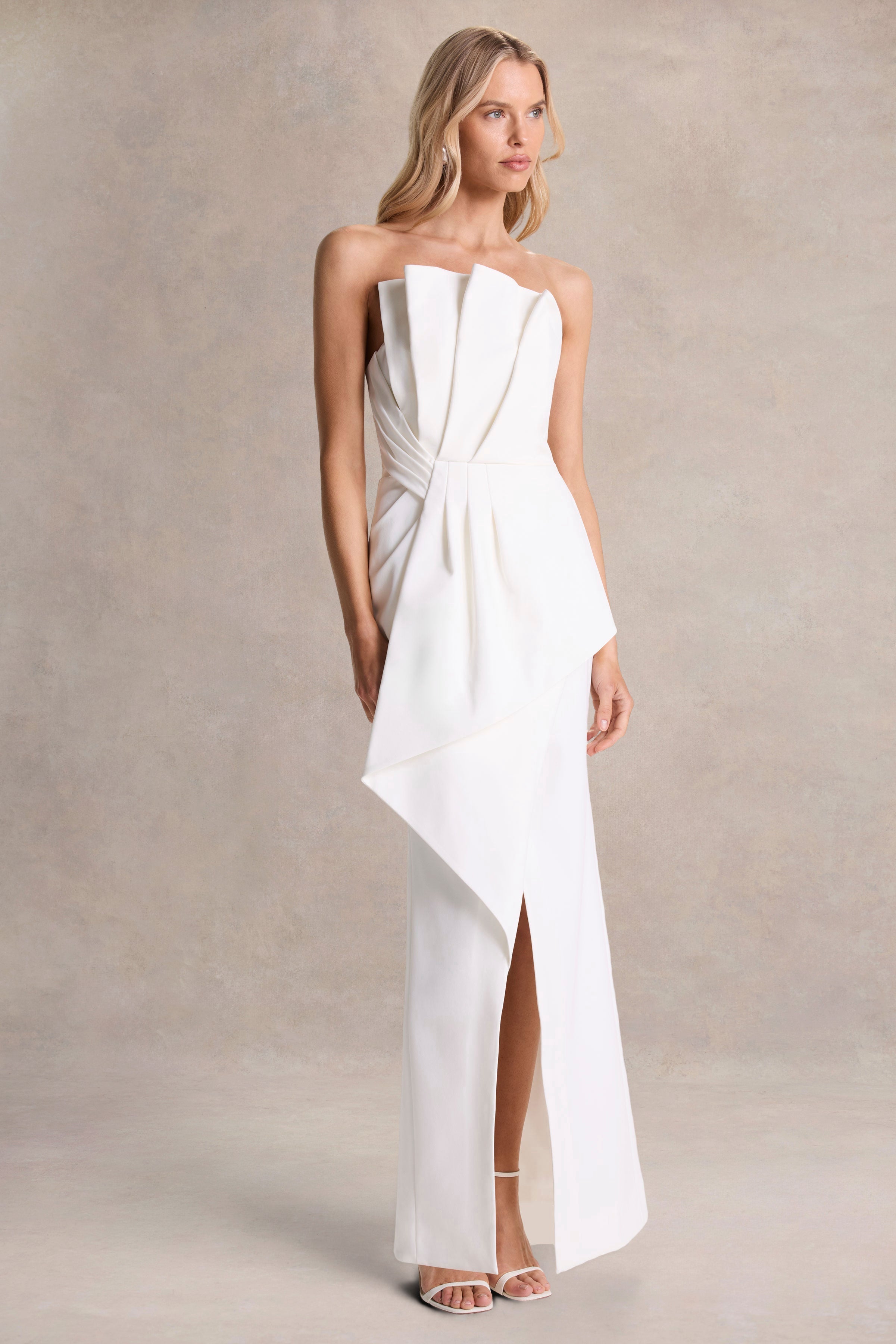 Dreamy Whispers | Cream Strapless Ruffle Split Maxi Dress