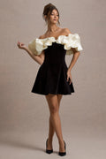 Brynne | Black & Cream Velvet Mini Dress With Satin Puff Sleeves