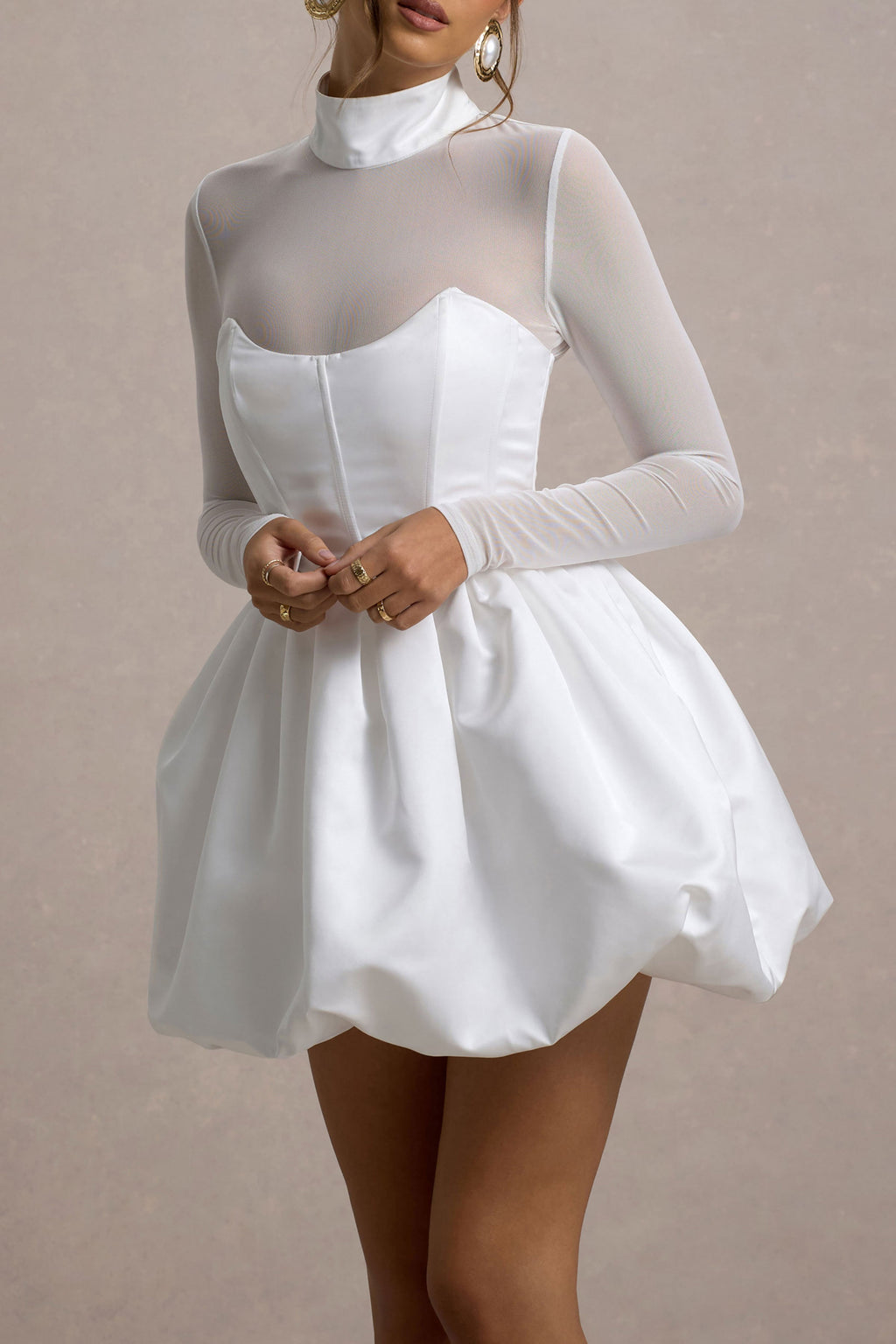 Tinkerbell | White Satin Long-Sleeve Puffball Mini Dress