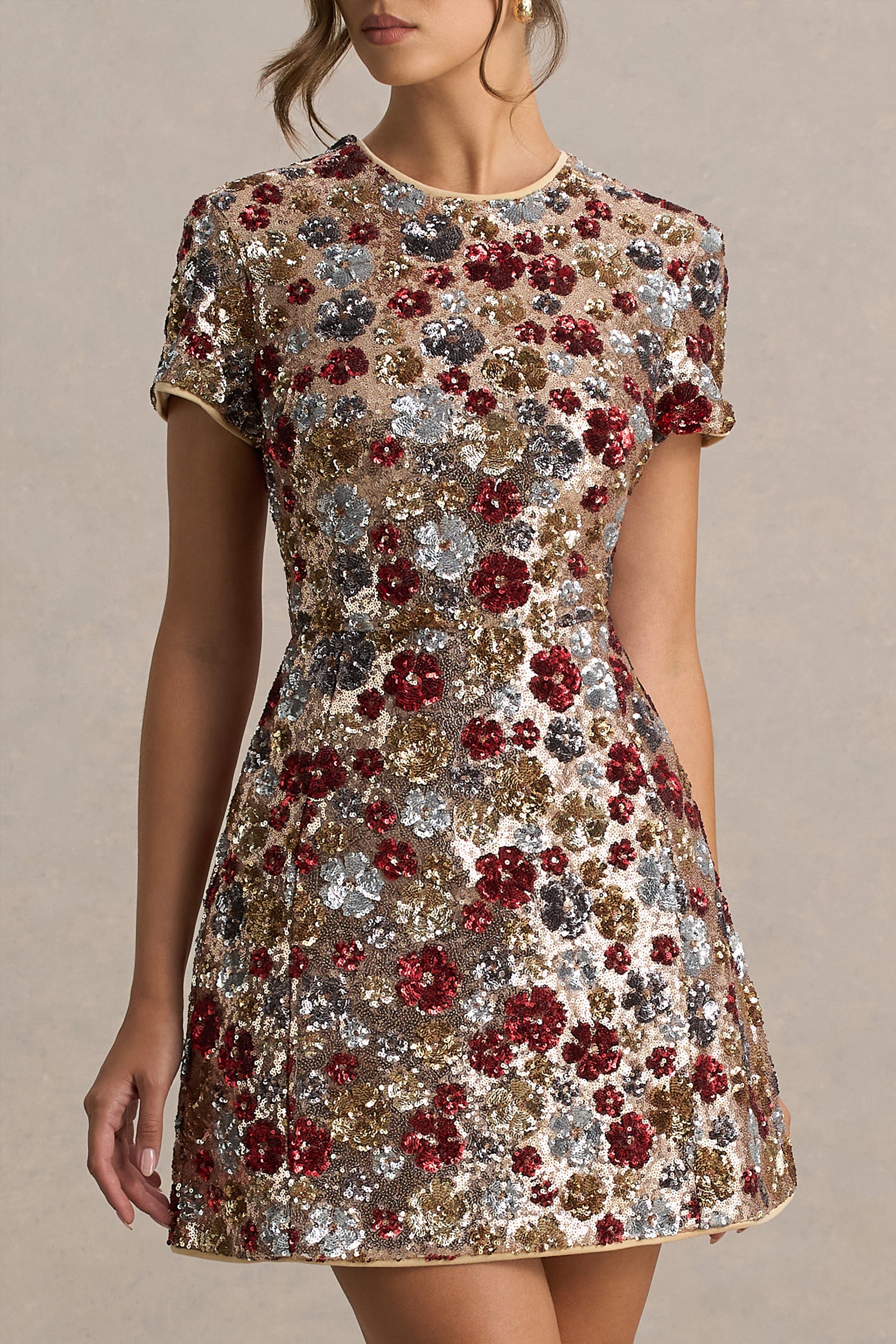 Eira | Red Floral Embellished Sequin Crew-Neck Mini Dress