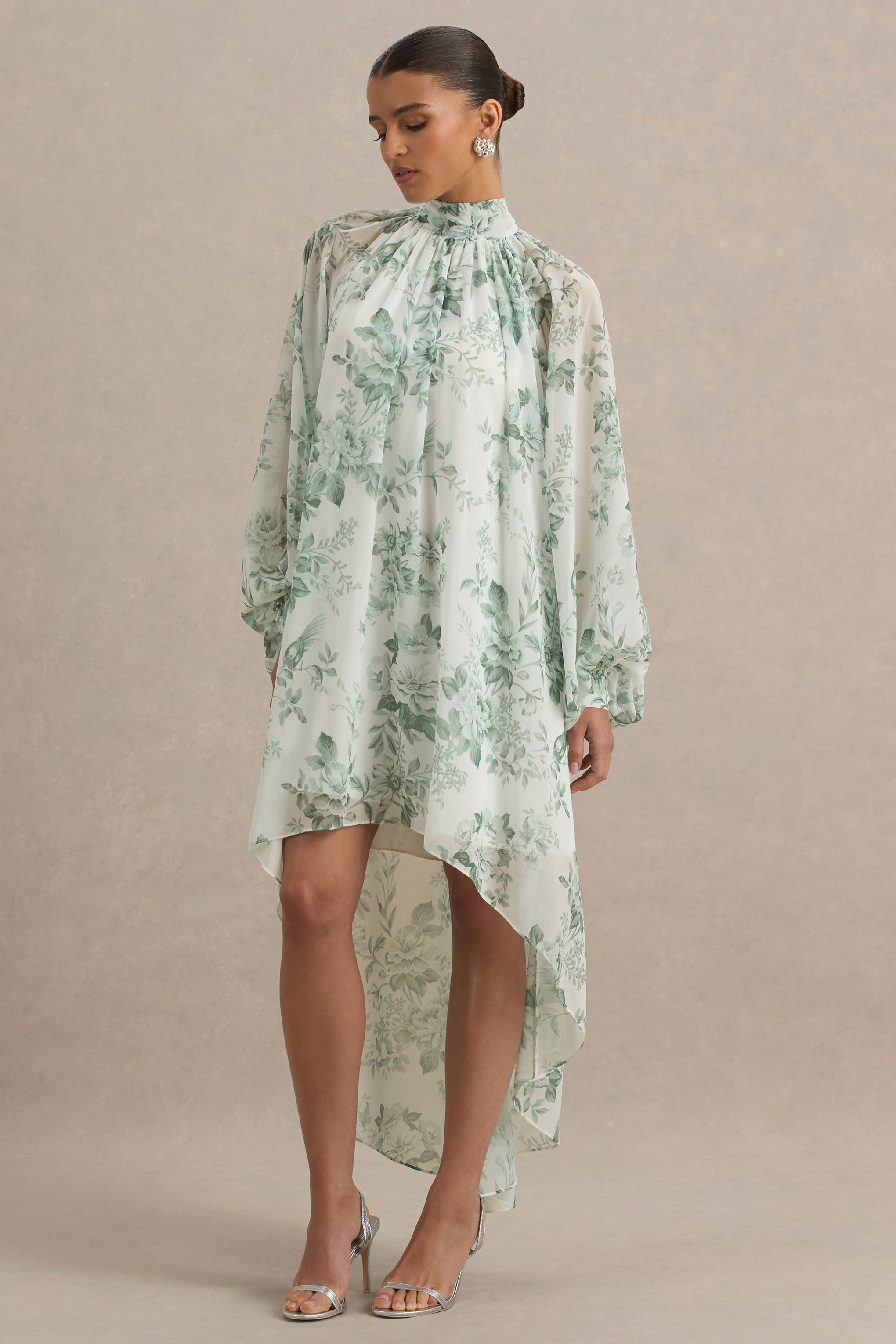 Delphia | Green Floral Print High-Neck Maxi Dress