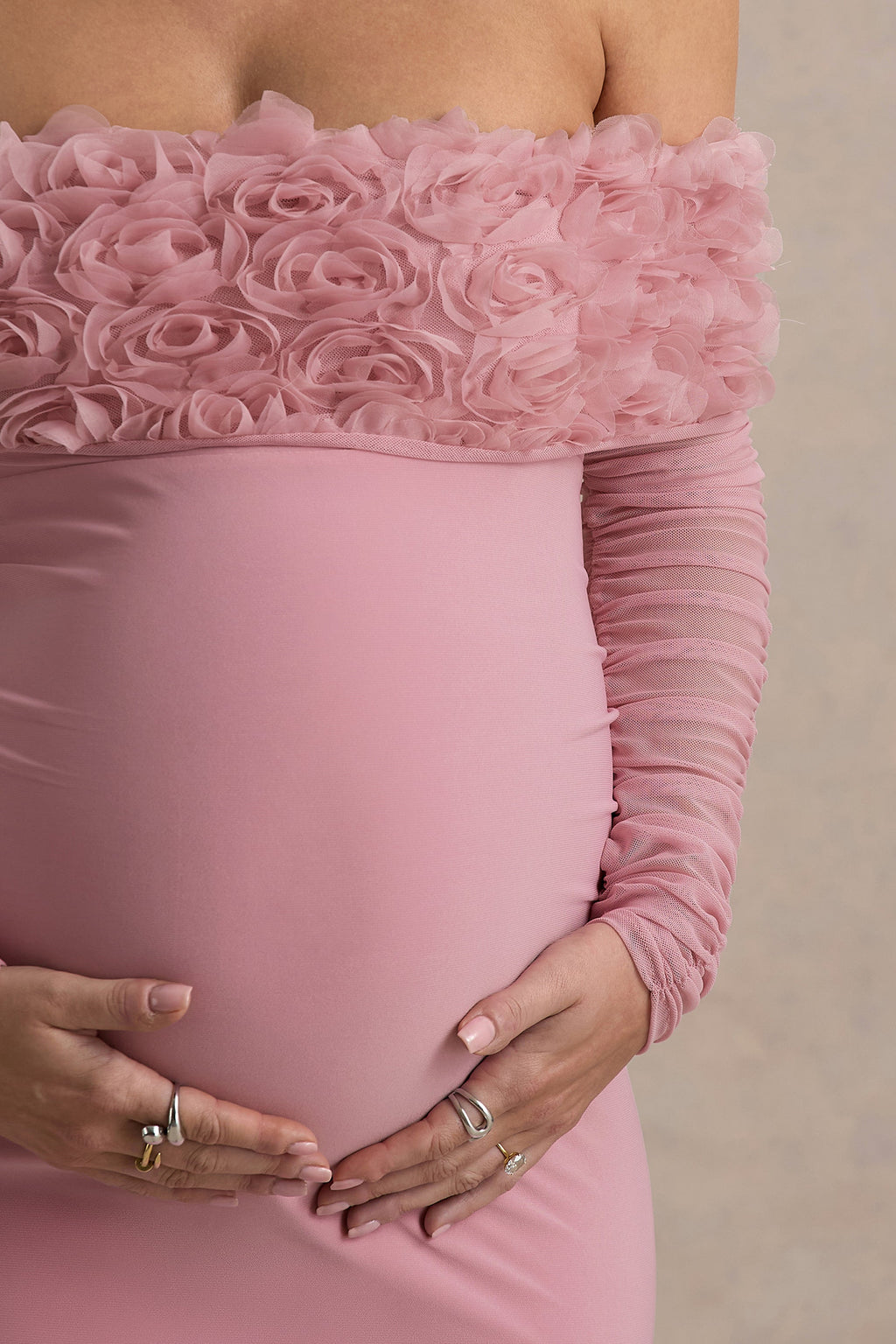 Adita | Blush Pink Mesh Floral Bardot Maternity Midi Dress