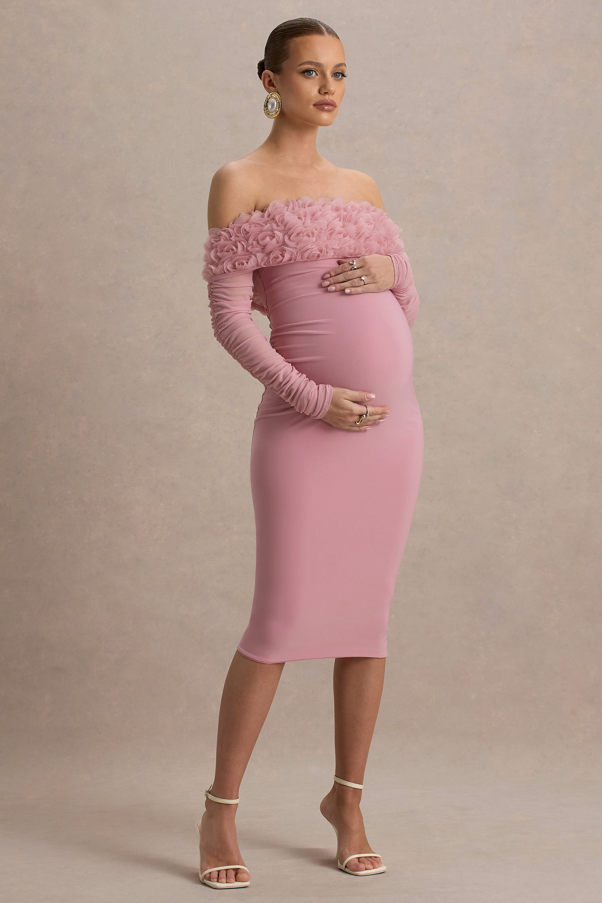 Adita | Blush Pink Mesh Floral Bardot Maternity Midi Dress