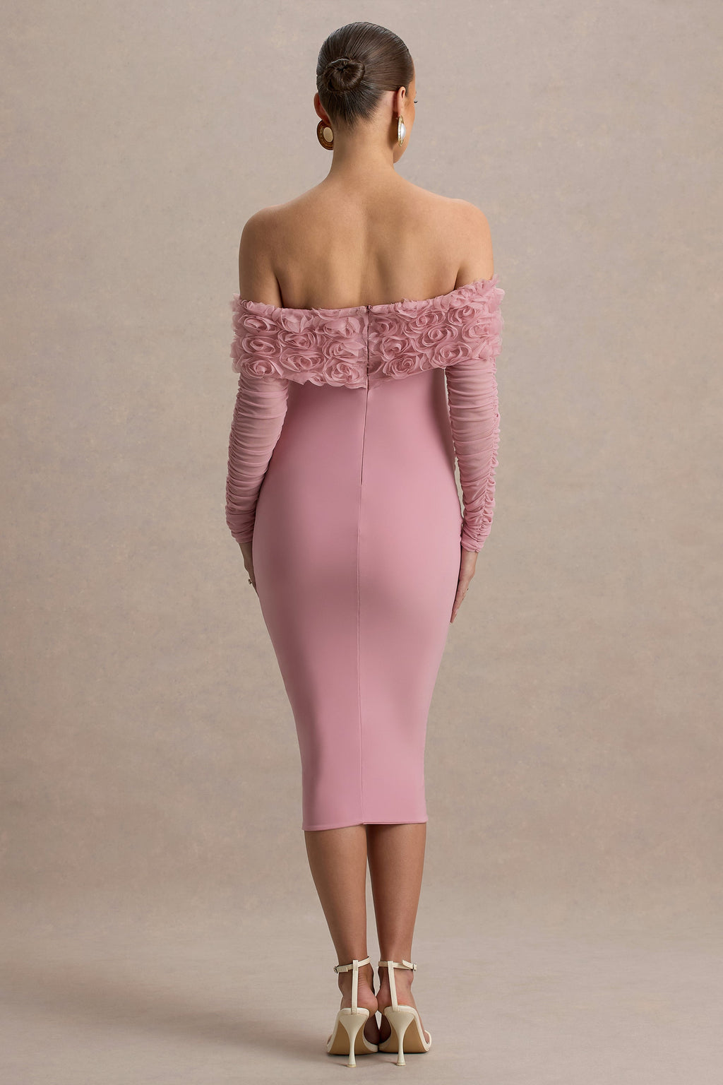 Adita | Blush Pink Mesh Floral Bardot Maternity Midi Dress