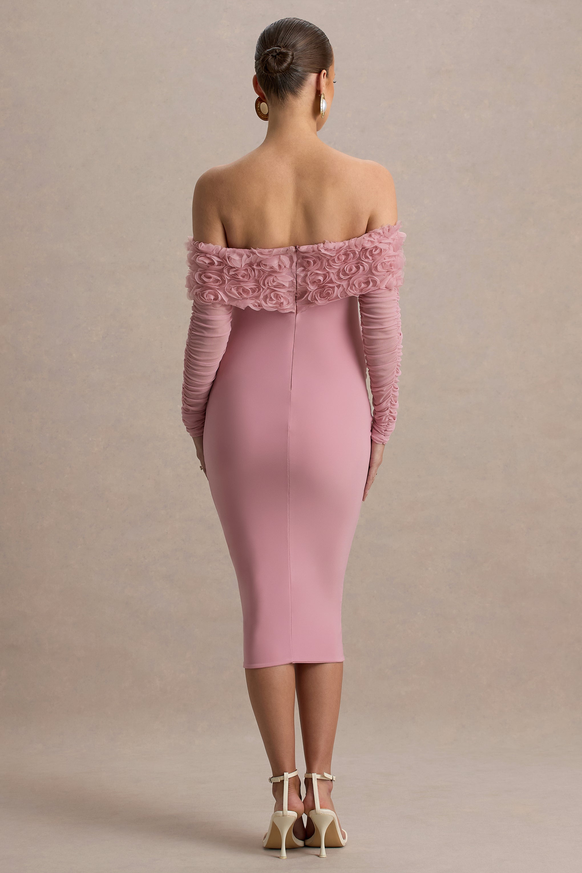 Adita | Blush Pink Mesh Floral Bardot Maternity Midi Dress