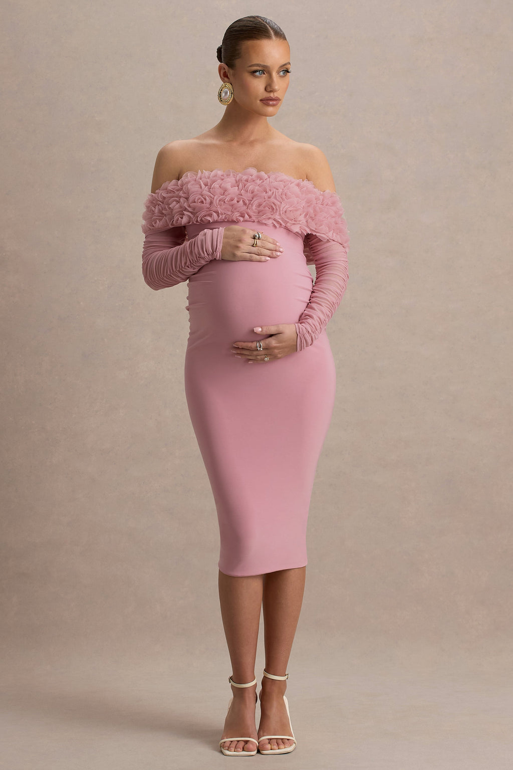 Adita | Blush Pink Mesh Floral Bardot Maternity Midi Dress