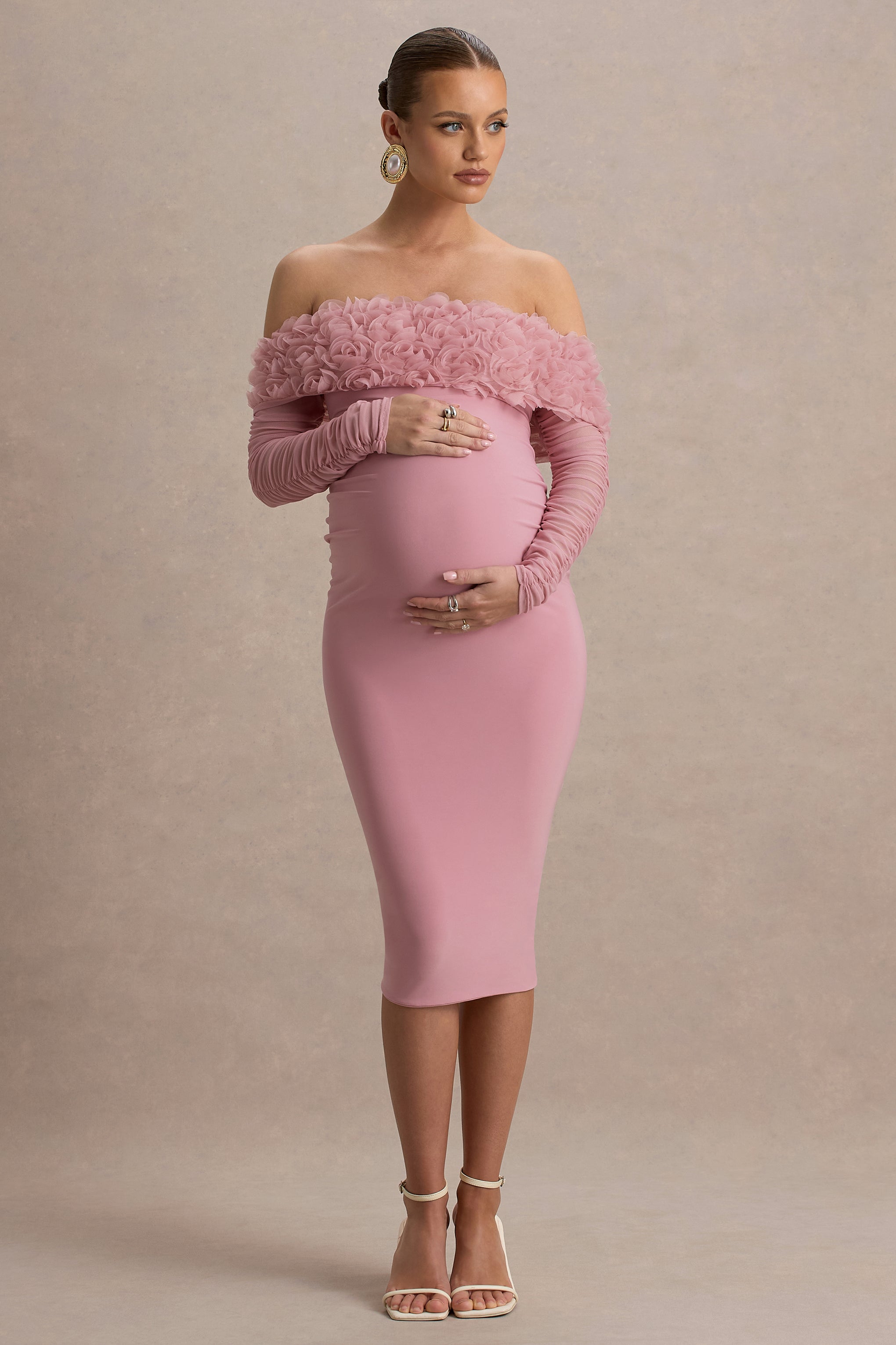 Adita | Blush Pink Mesh Floral Bardot Maternity Midi Dress