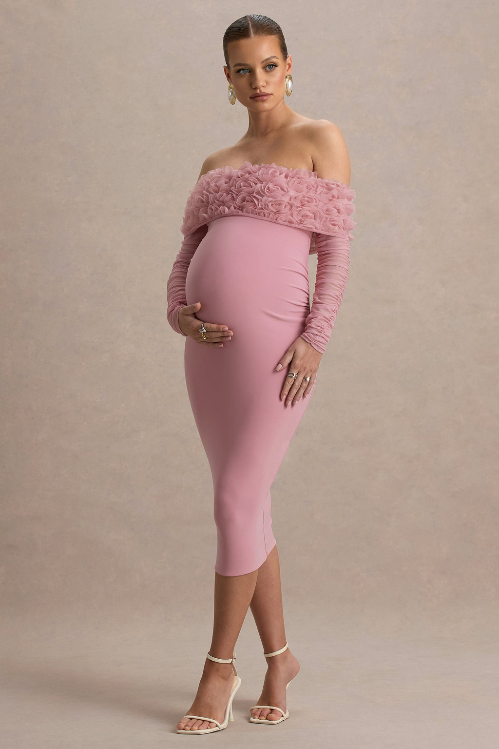 Adita | Blush Pink Mesh Floral Bardot Maternity Midi Dress