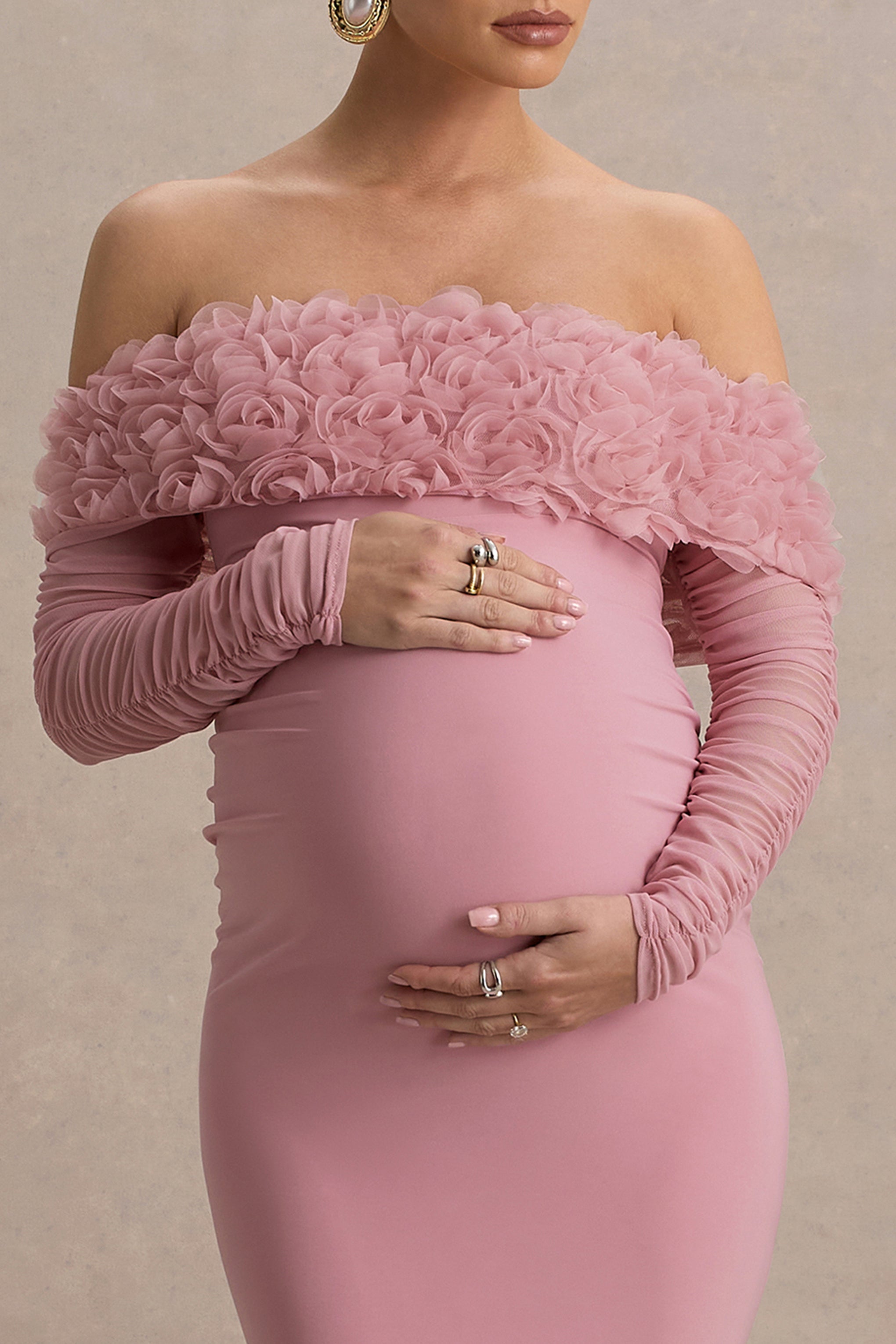 Adita | Blush Pink Mesh Floral Bardot Maternity Midi Dress