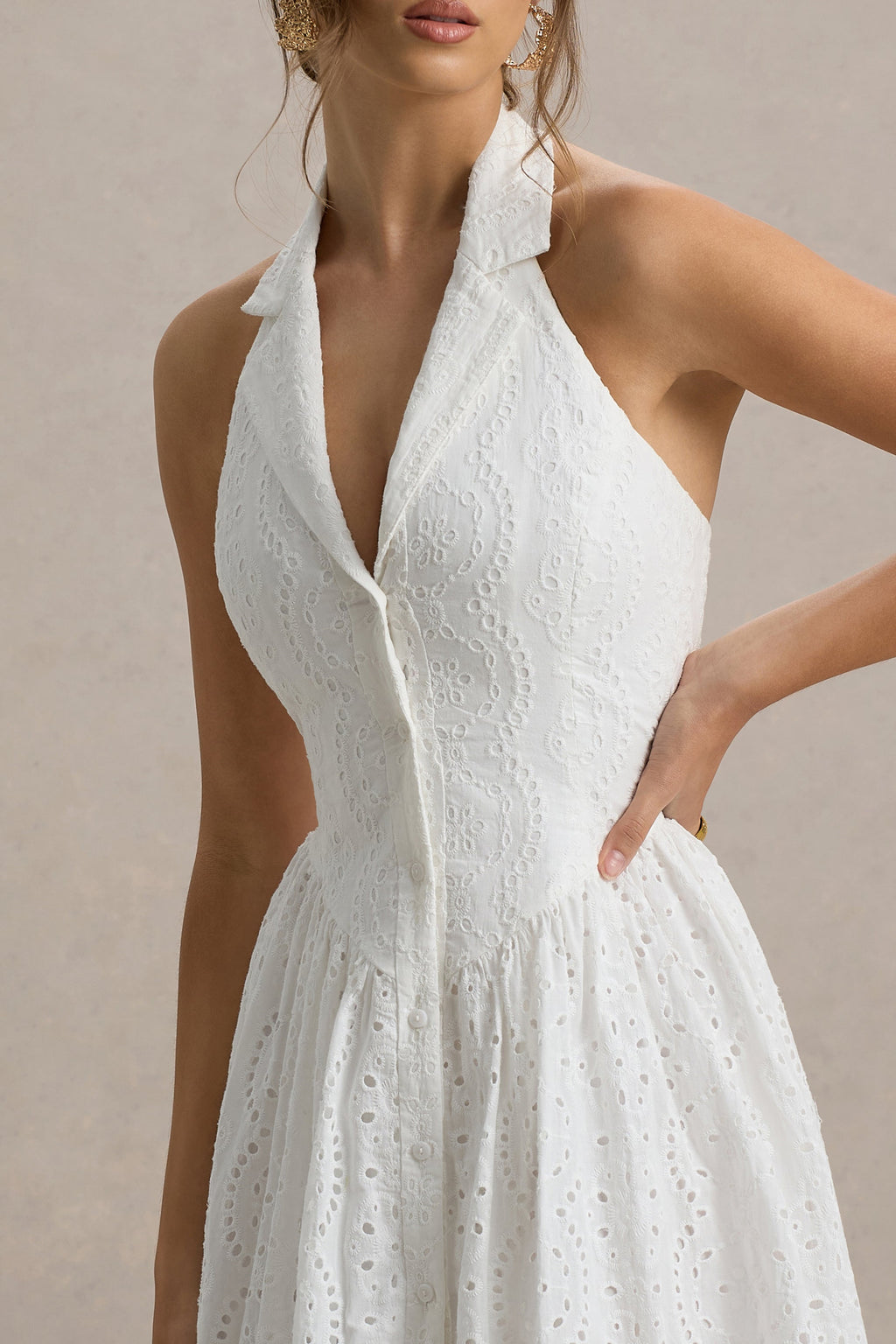 Jezebel | White Lace Plunge-Neck Collared Midi Dress