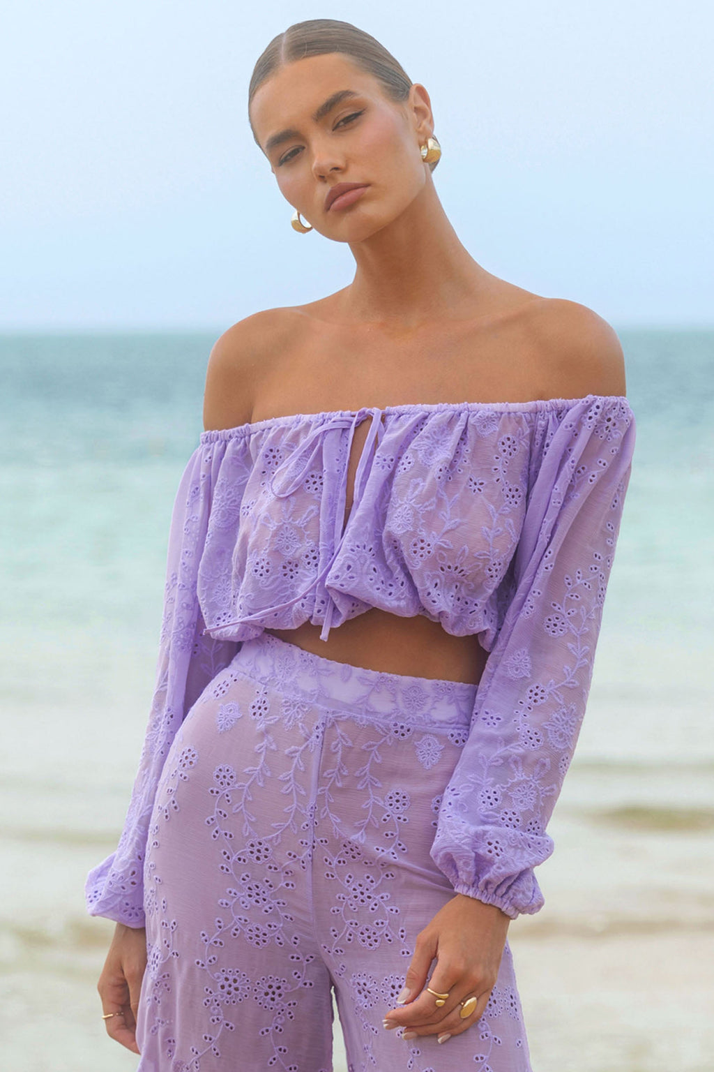 Fabienne | Lilac Broidery Bardot Puff-Sleeve Top