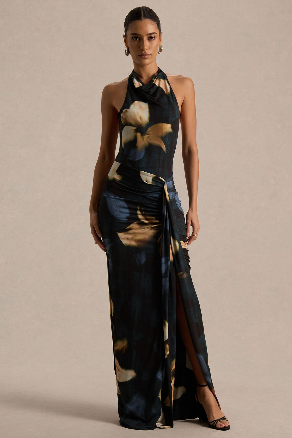 Sunflower | Dark Lily Print High-Neck Maxi Dress With Front-High Split